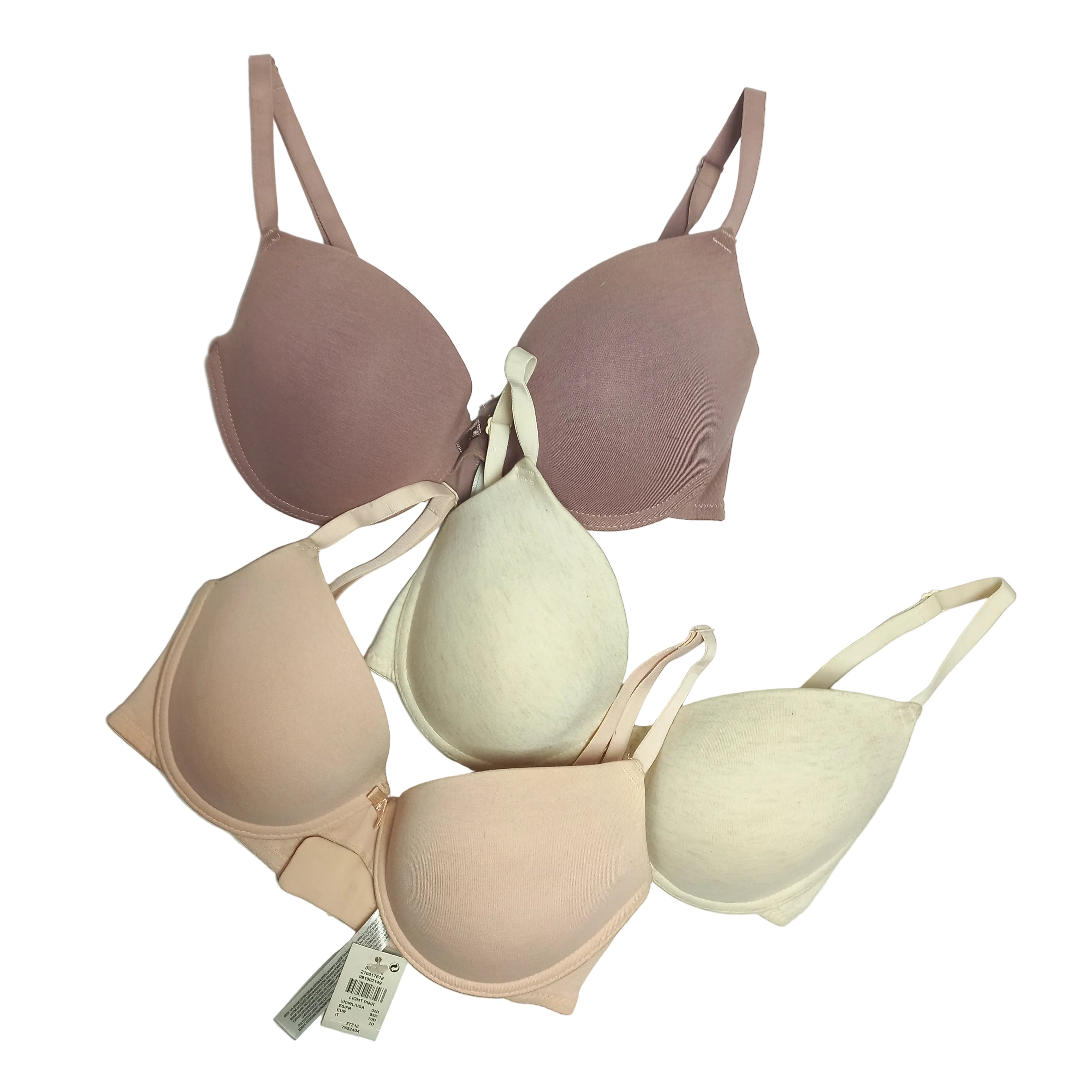 All three bras laid flat showing uniform construction quality