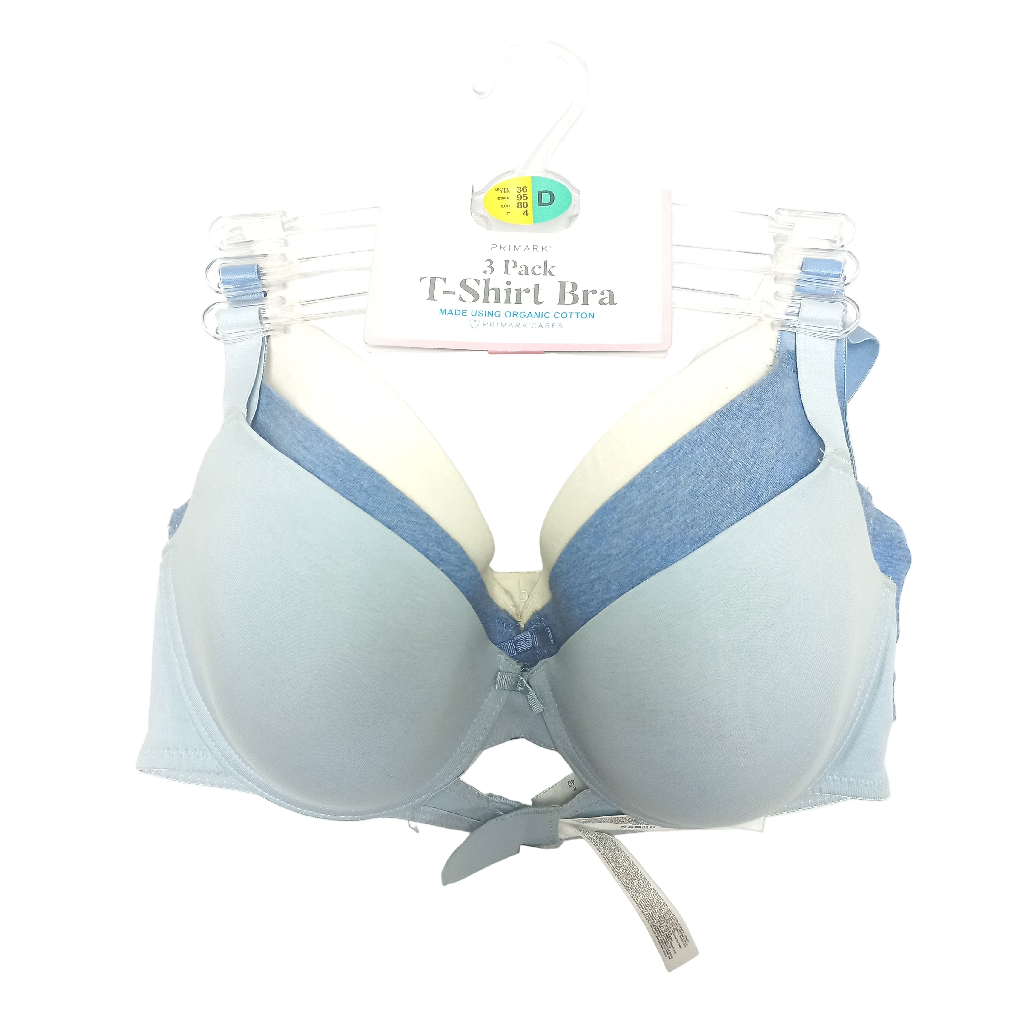 Light blue bra with denim trim on a white background. Detail showing identical construction across all three bras