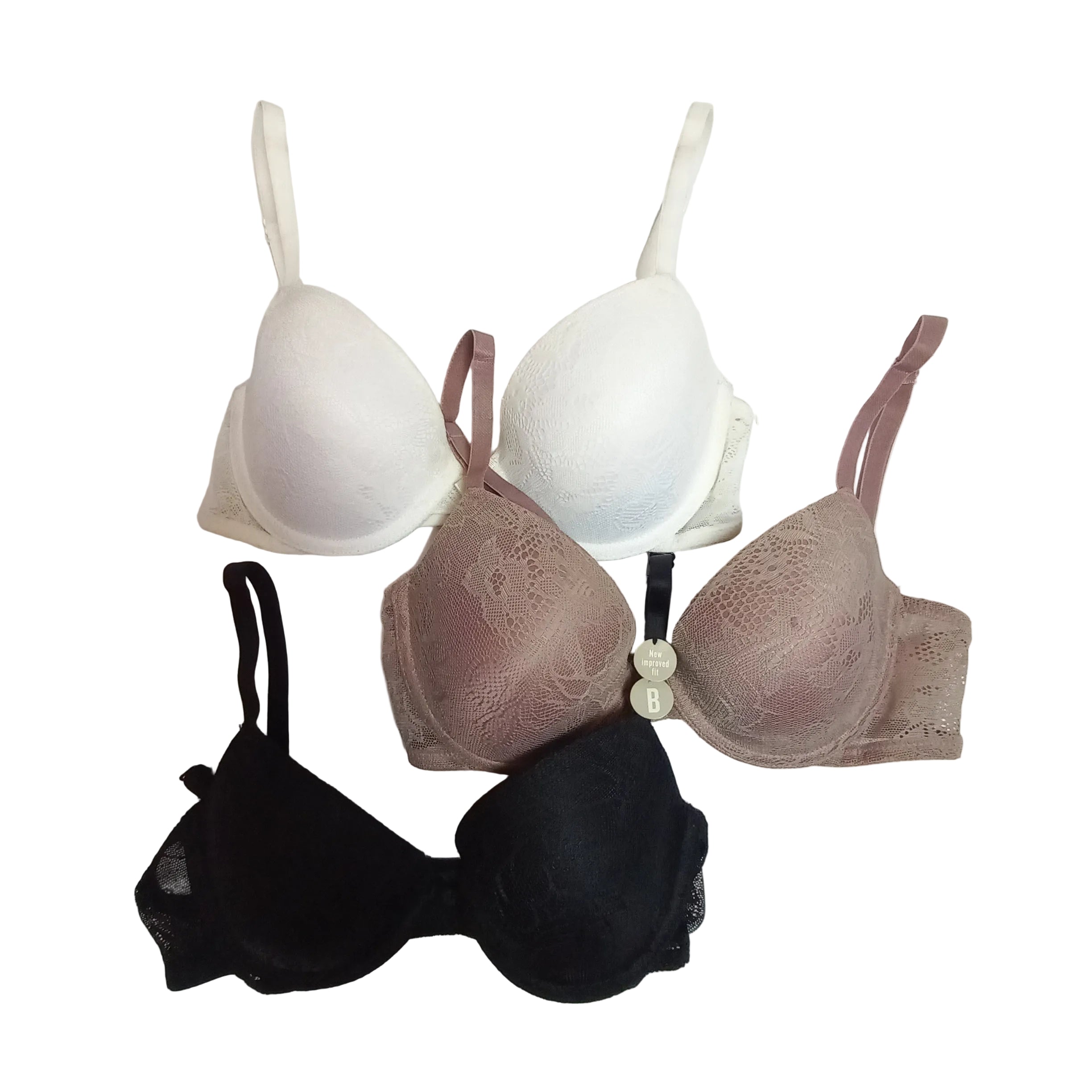 Primark pack of 3 T shirt bras in assorted shades, smooth support shown front view