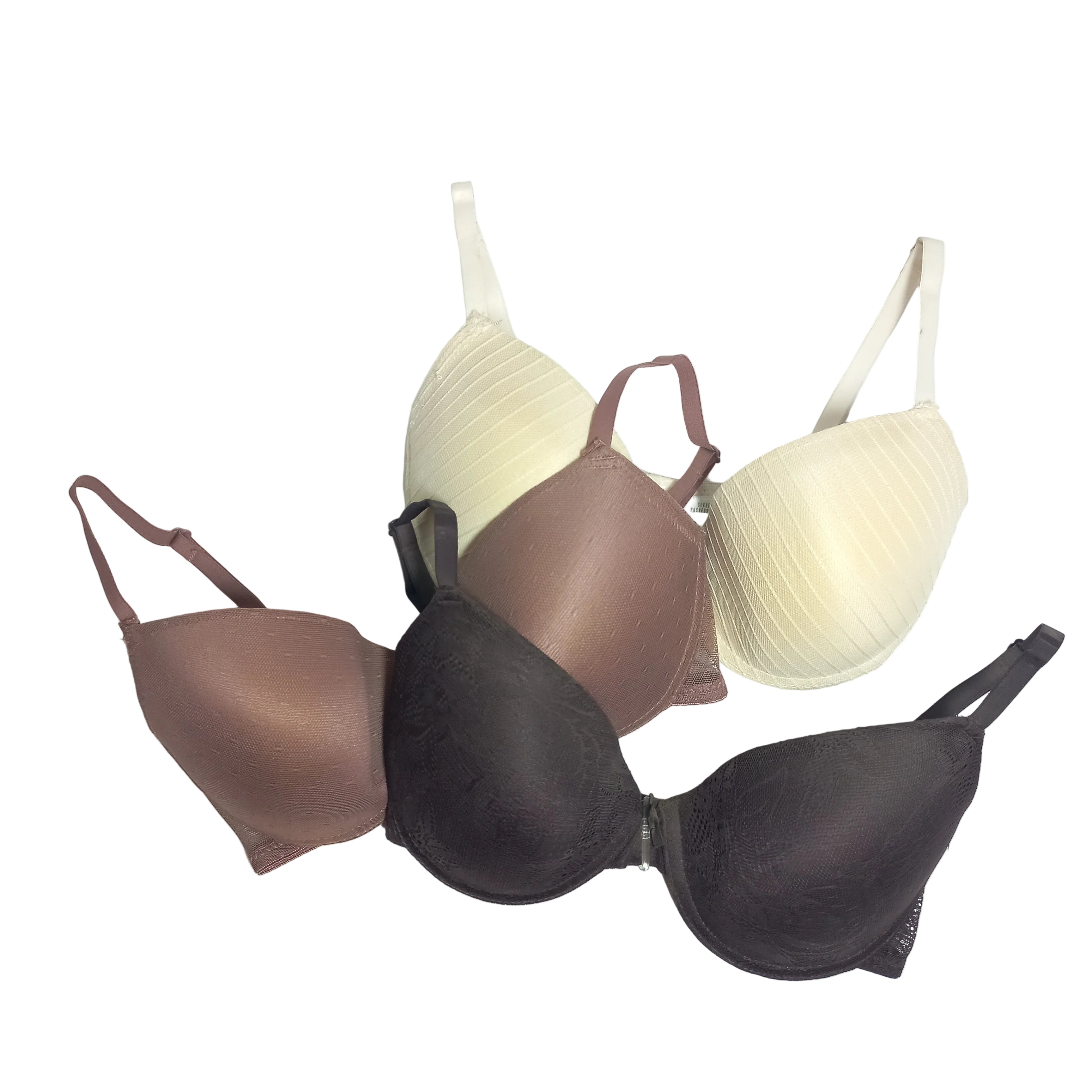 Three Primark T-shirt bras in pakistan in beige, brown, and black color on a white background