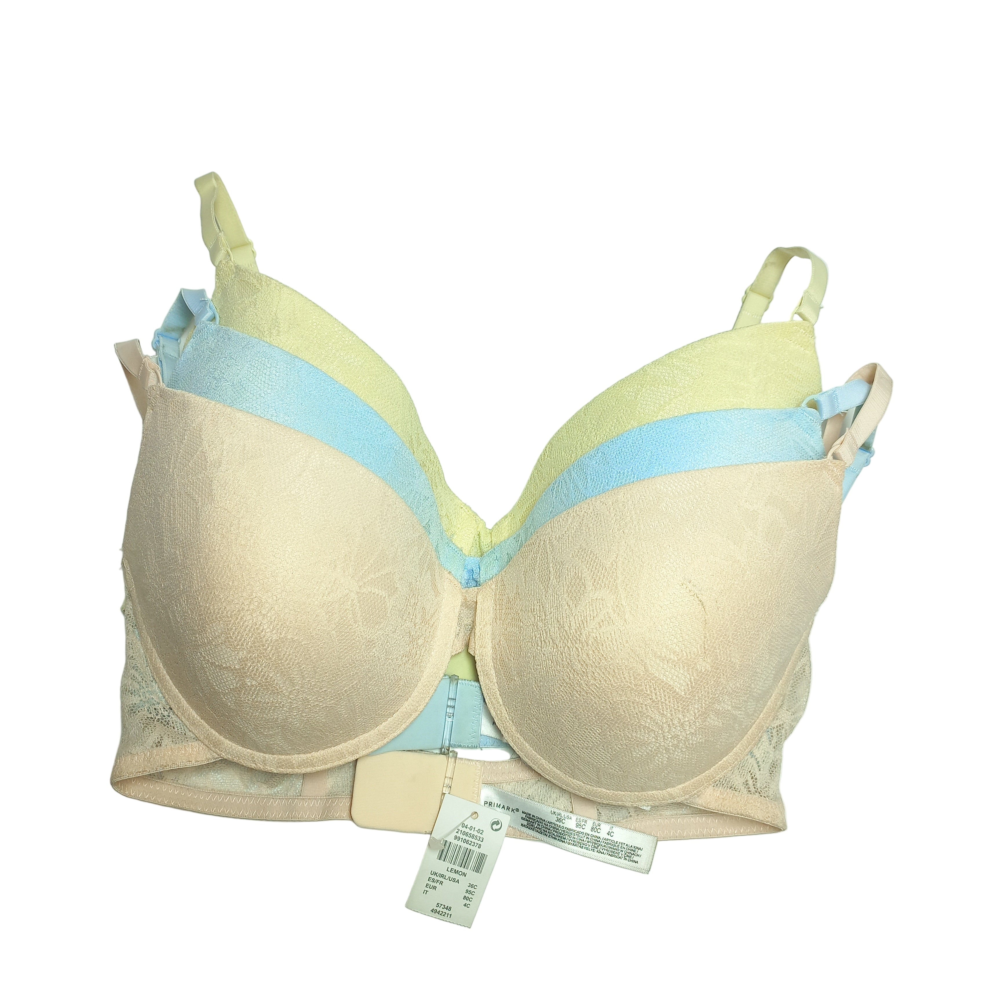 Beige Primark T-Shirt bra with multicolored straps on a light gray background
