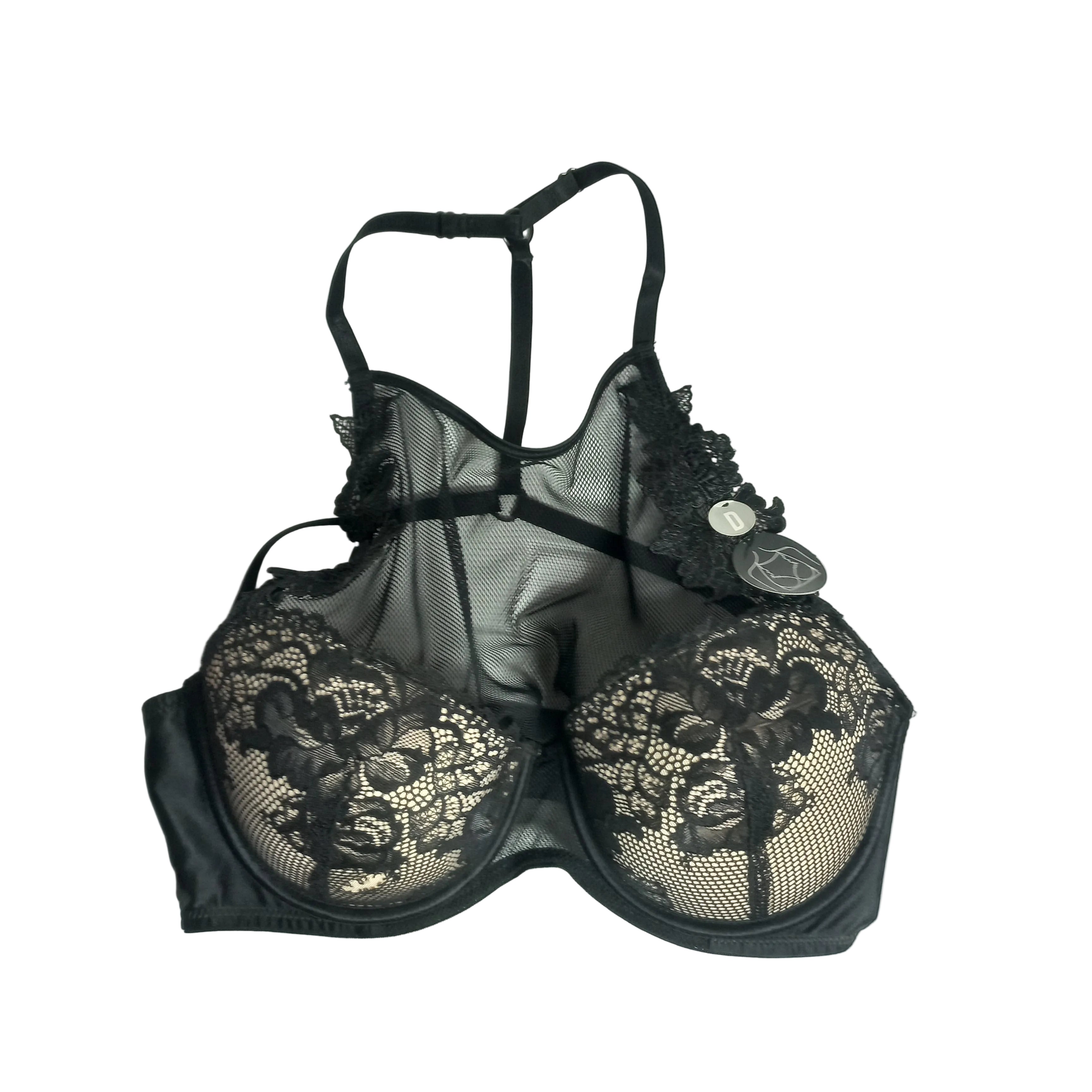 Lace t-shirt bra showing delicate lace trim detail on black shade