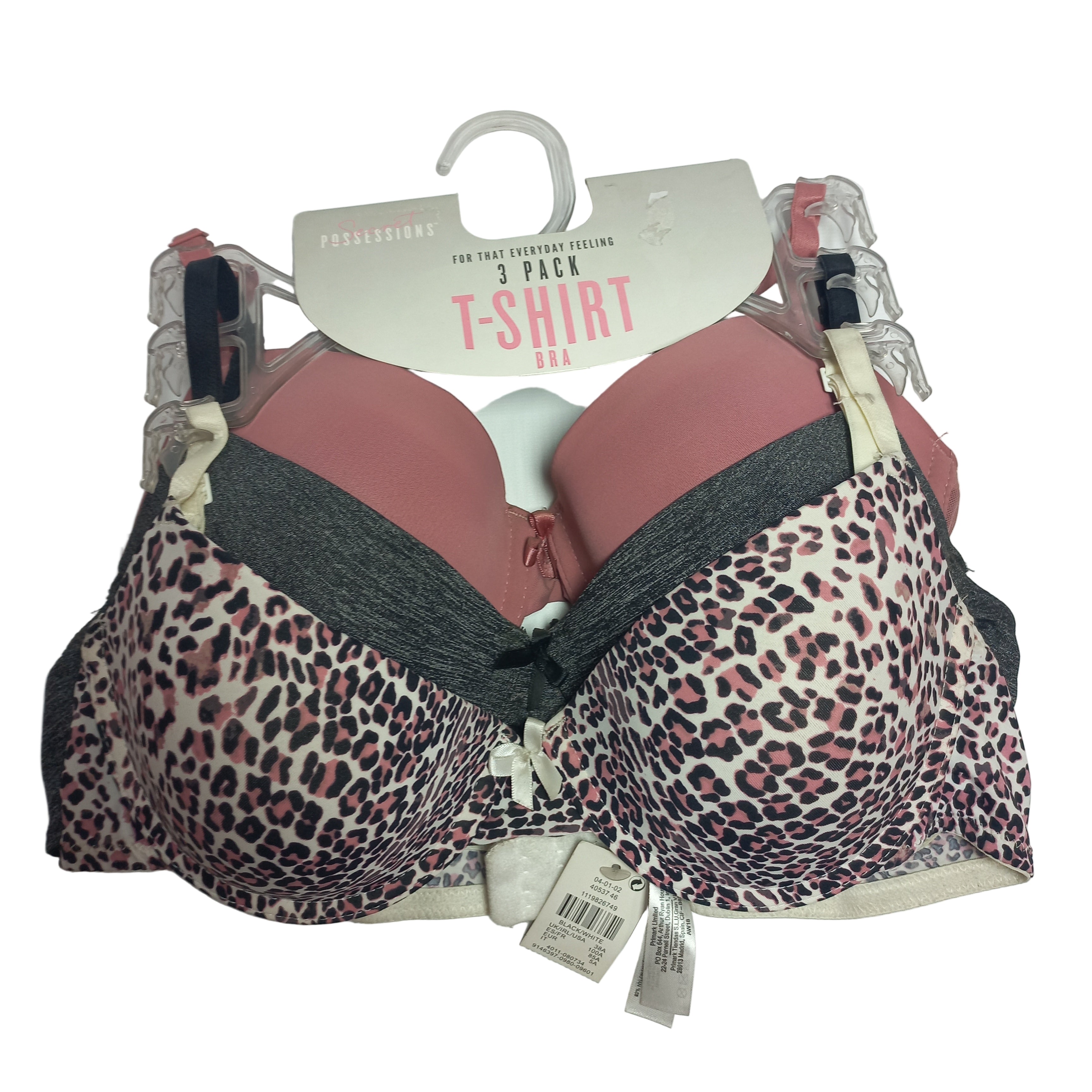 Leopard print bra with pink t-shirt on a white background