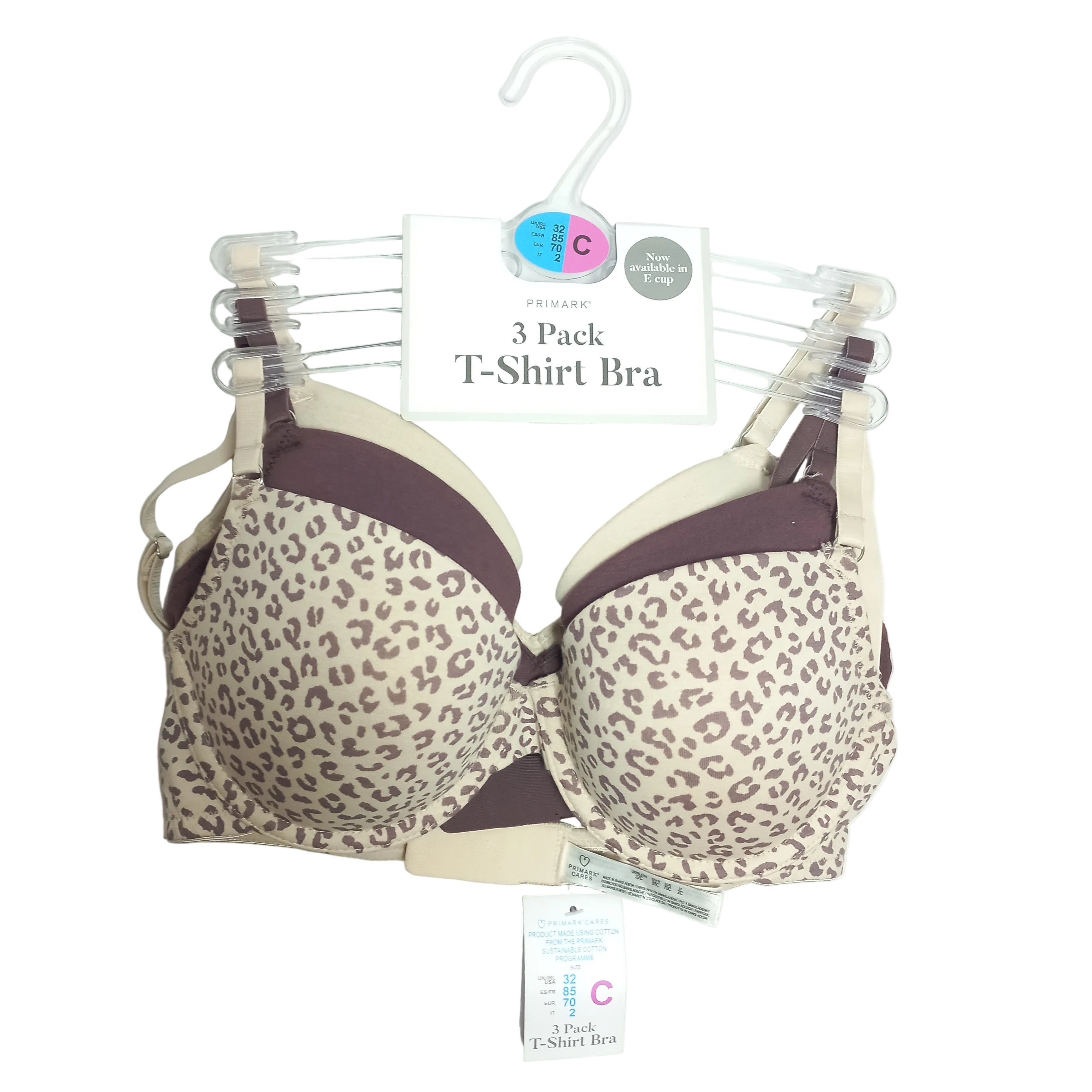 Leopard print primark t shirt bra on a hanger with packaging in the background