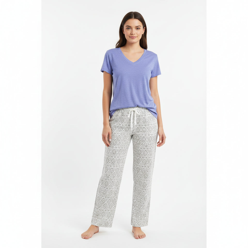 Original Primark printed cotton pajama set with lavender V-neck T-shirt - MissClassy

