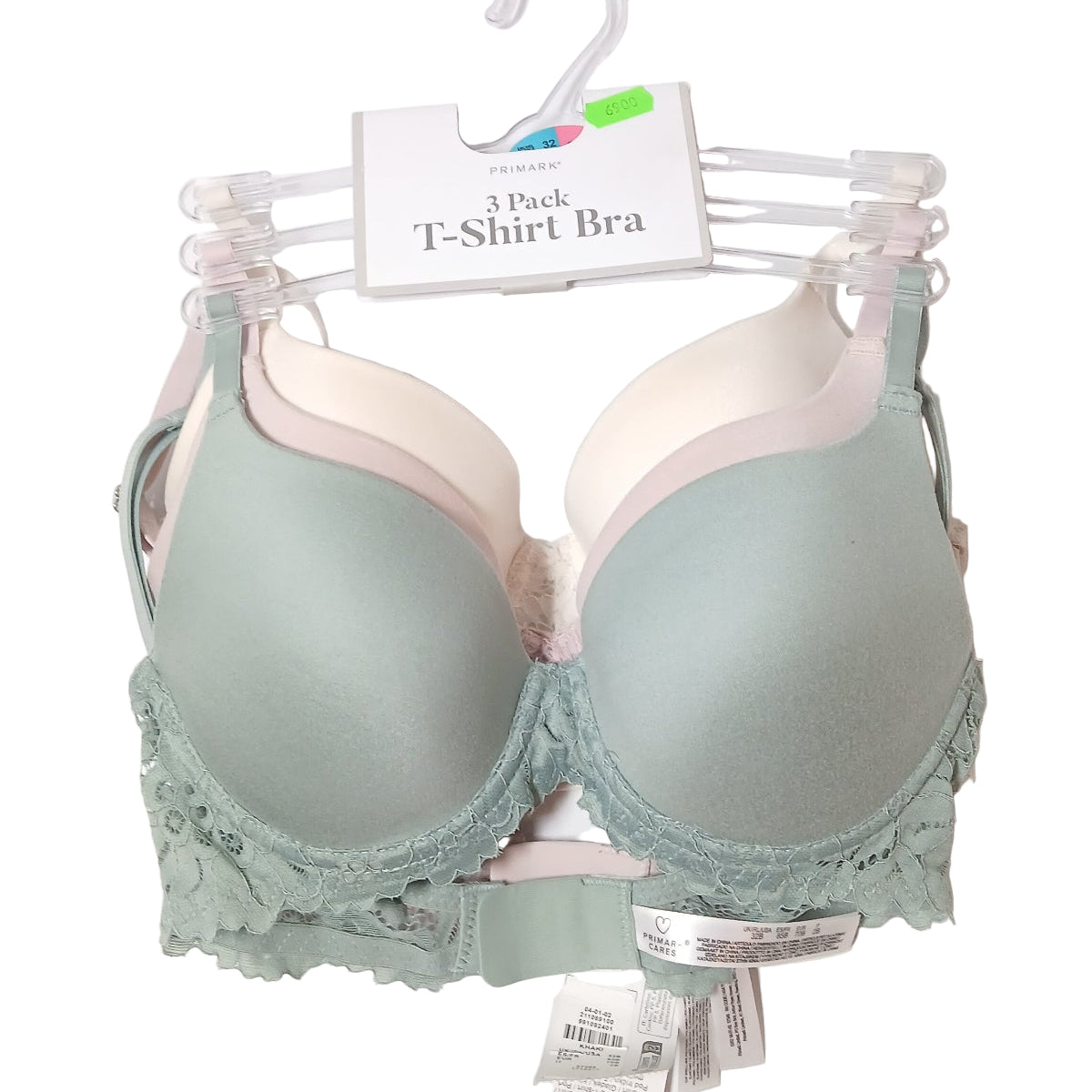 Pack of 3 bras with lace trim on a hanger with Primark label