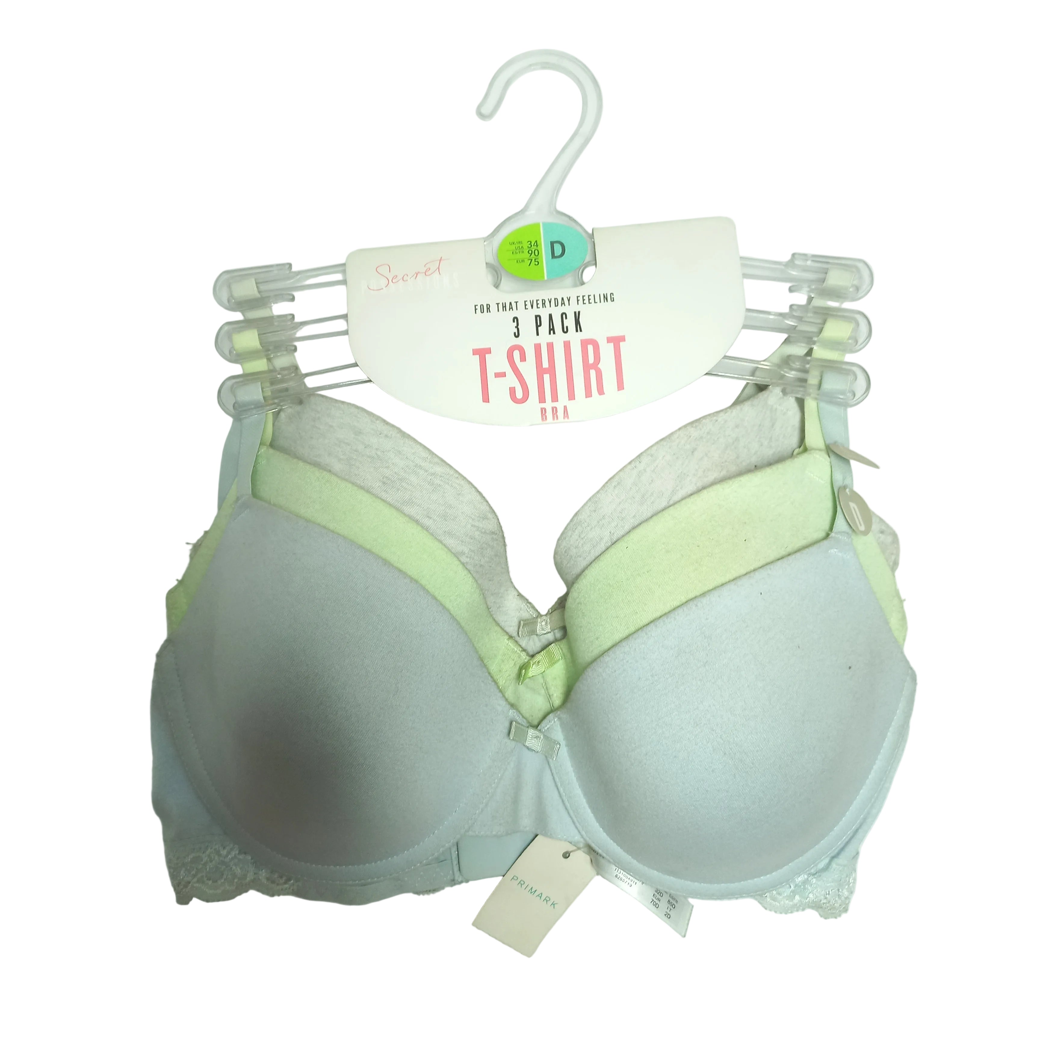 Pack of 3 light blue primark bras with green accents on a white background