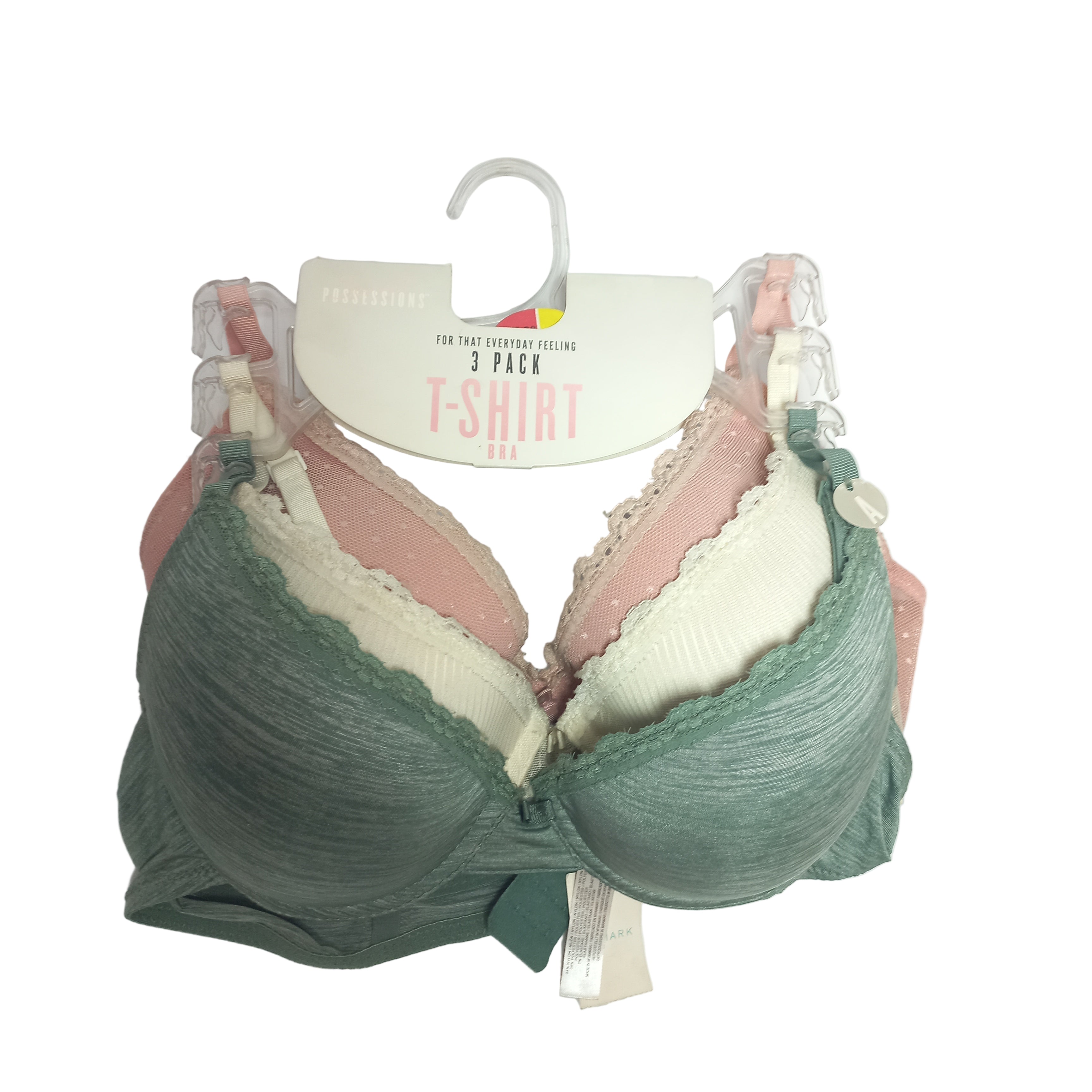 Primark 3 T-Shirt Bras Green, pink, and beige on a white background