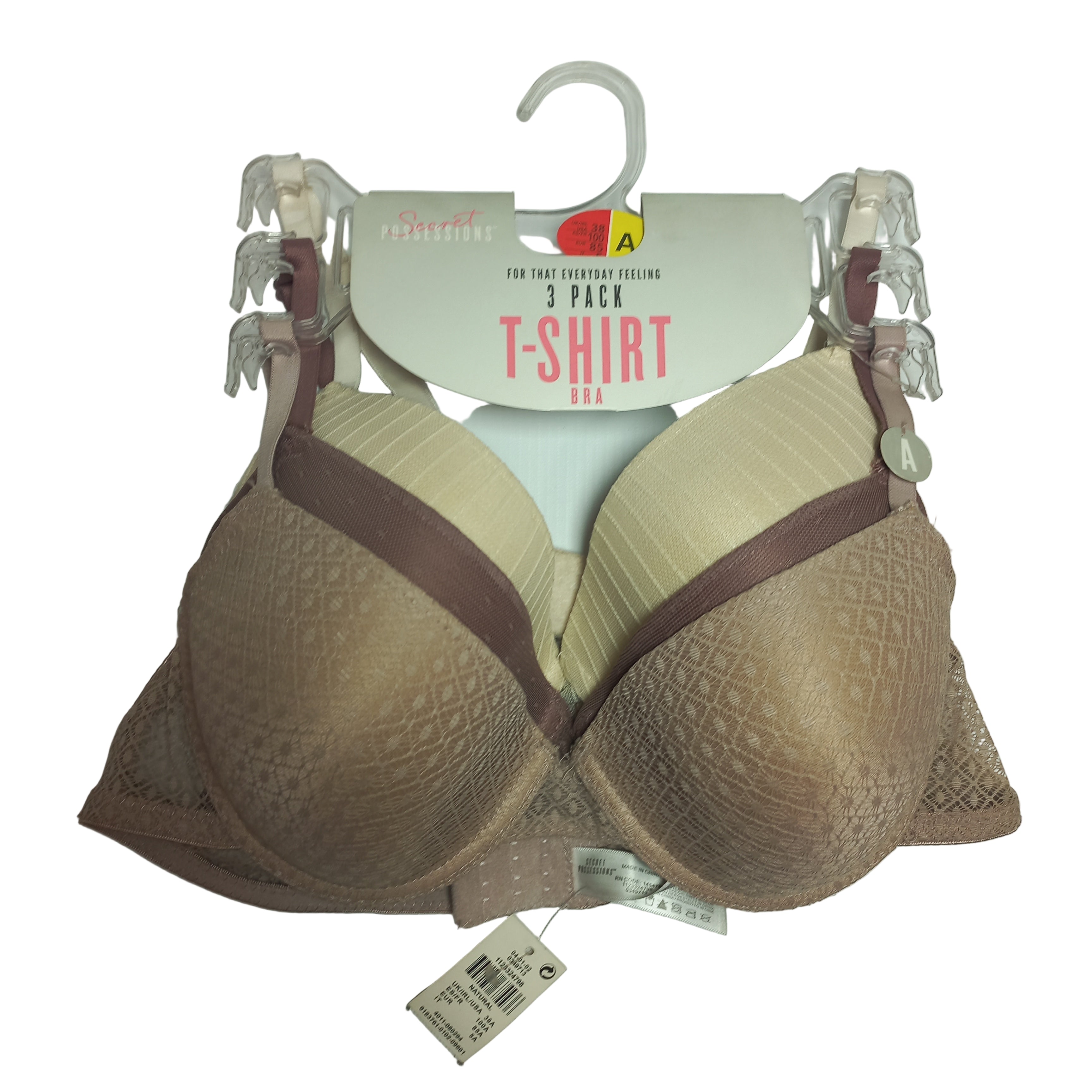 Brown bra on a hanger with a 'T-Shirt' label in the background