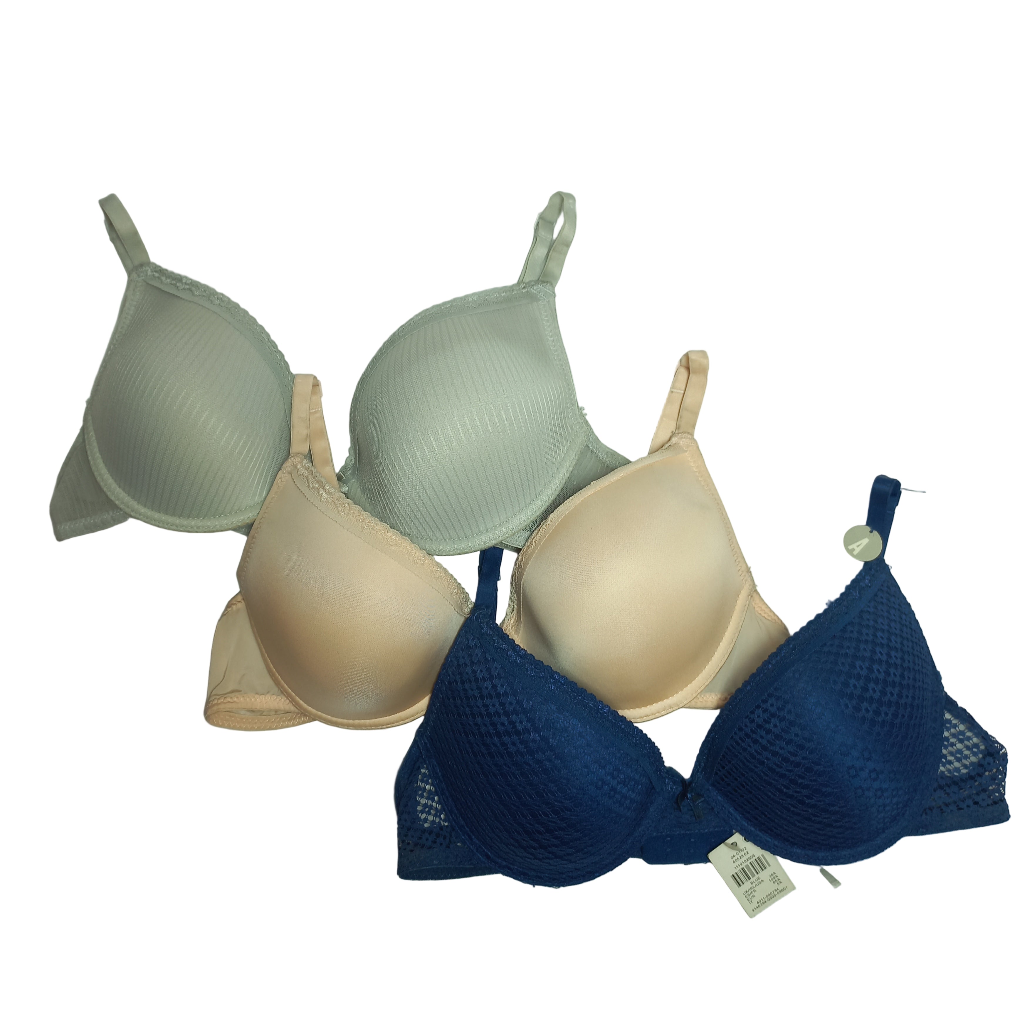 Primark Set of three bras in beige, blue, and a lighter shade on a light gray background