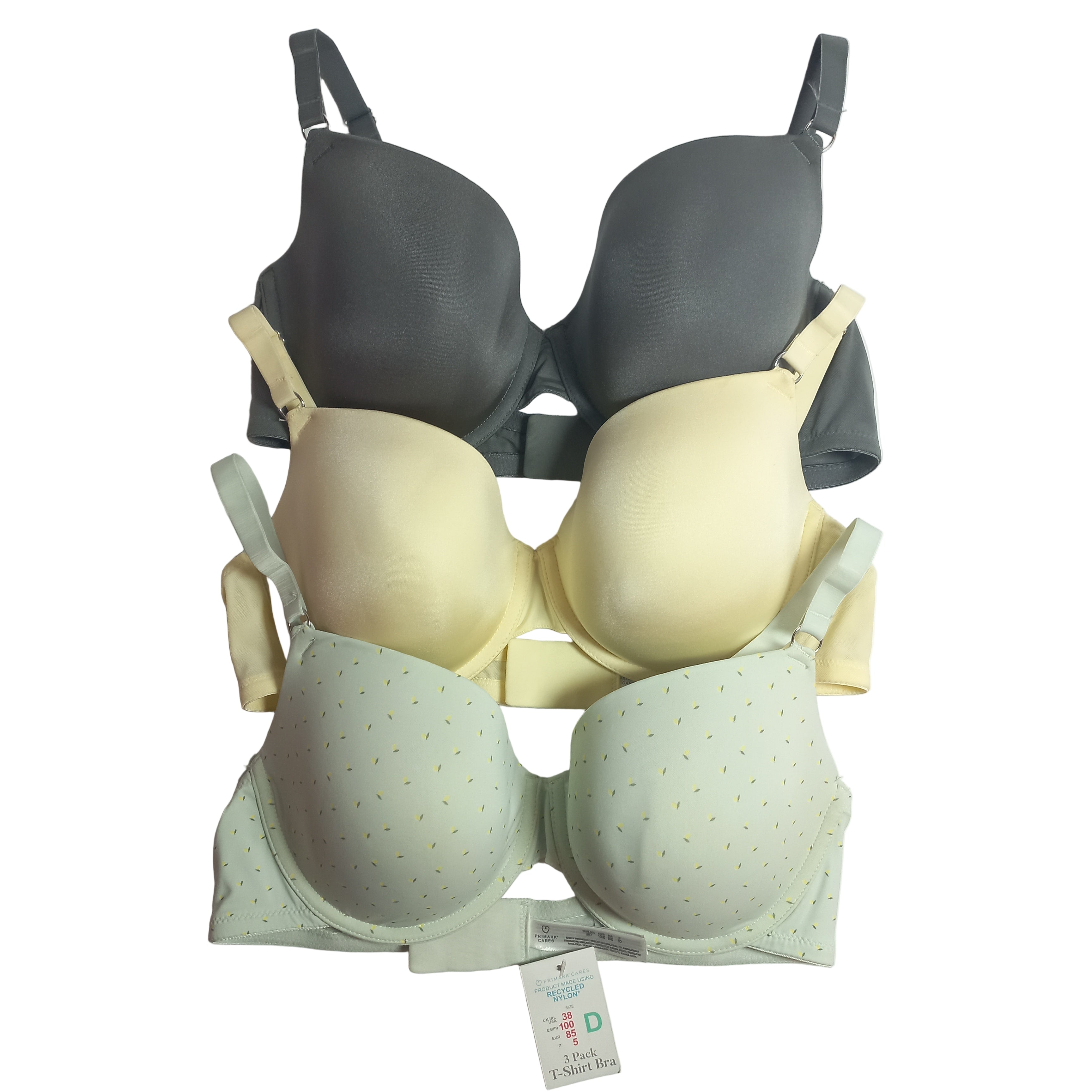 Primark Set of three bras in gray, beige, and green on a white background
