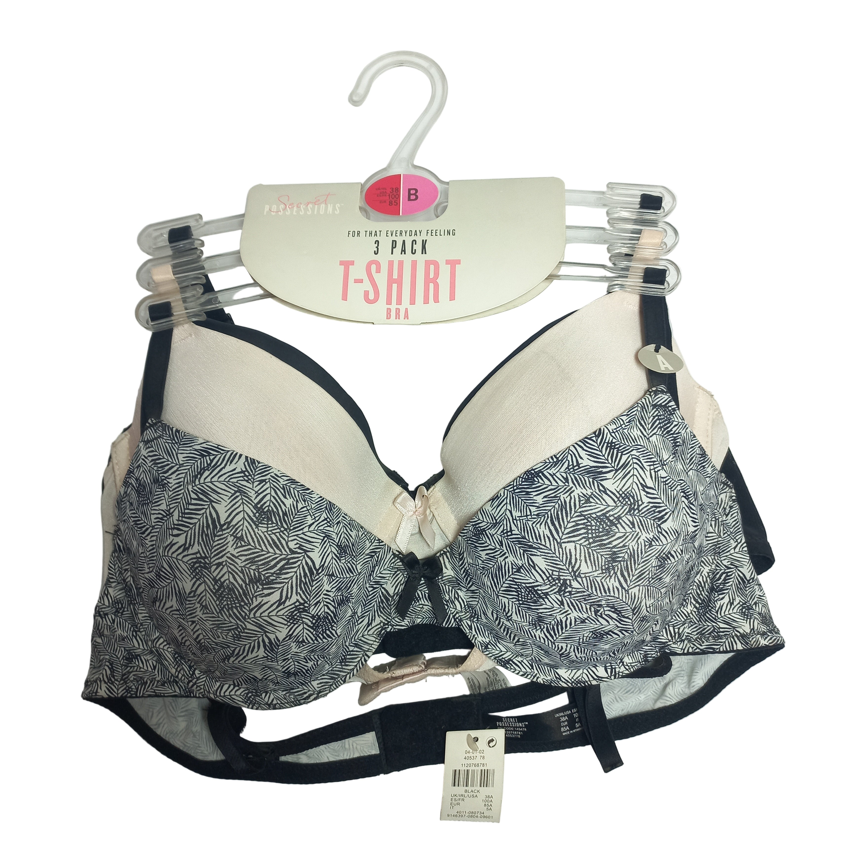 Primark T-shirt Patterned bra on a hanger with a visible brand label on a white background