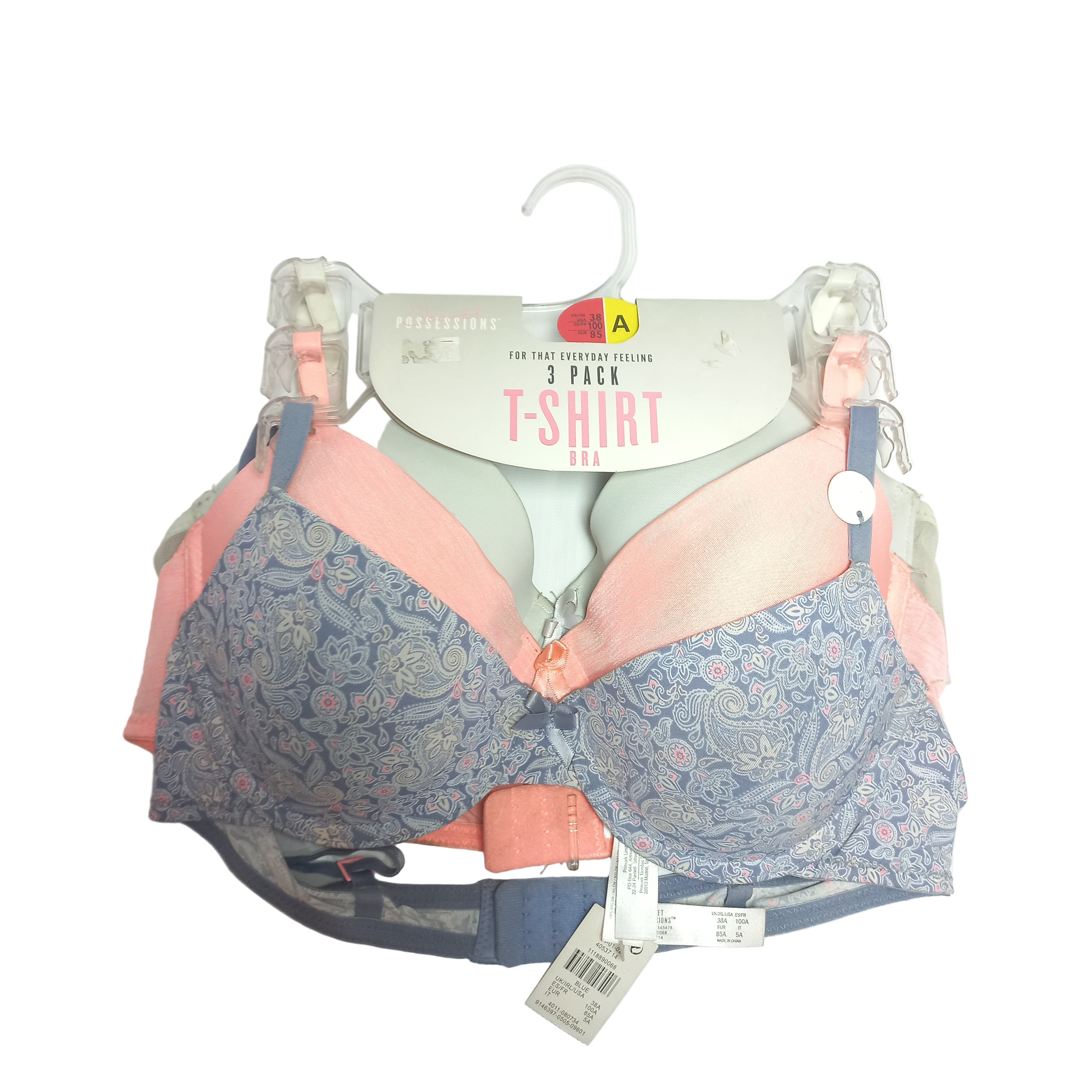 Primark T-shirt pack of 3 bras, one Patterned bra and pink and pista color on a white background