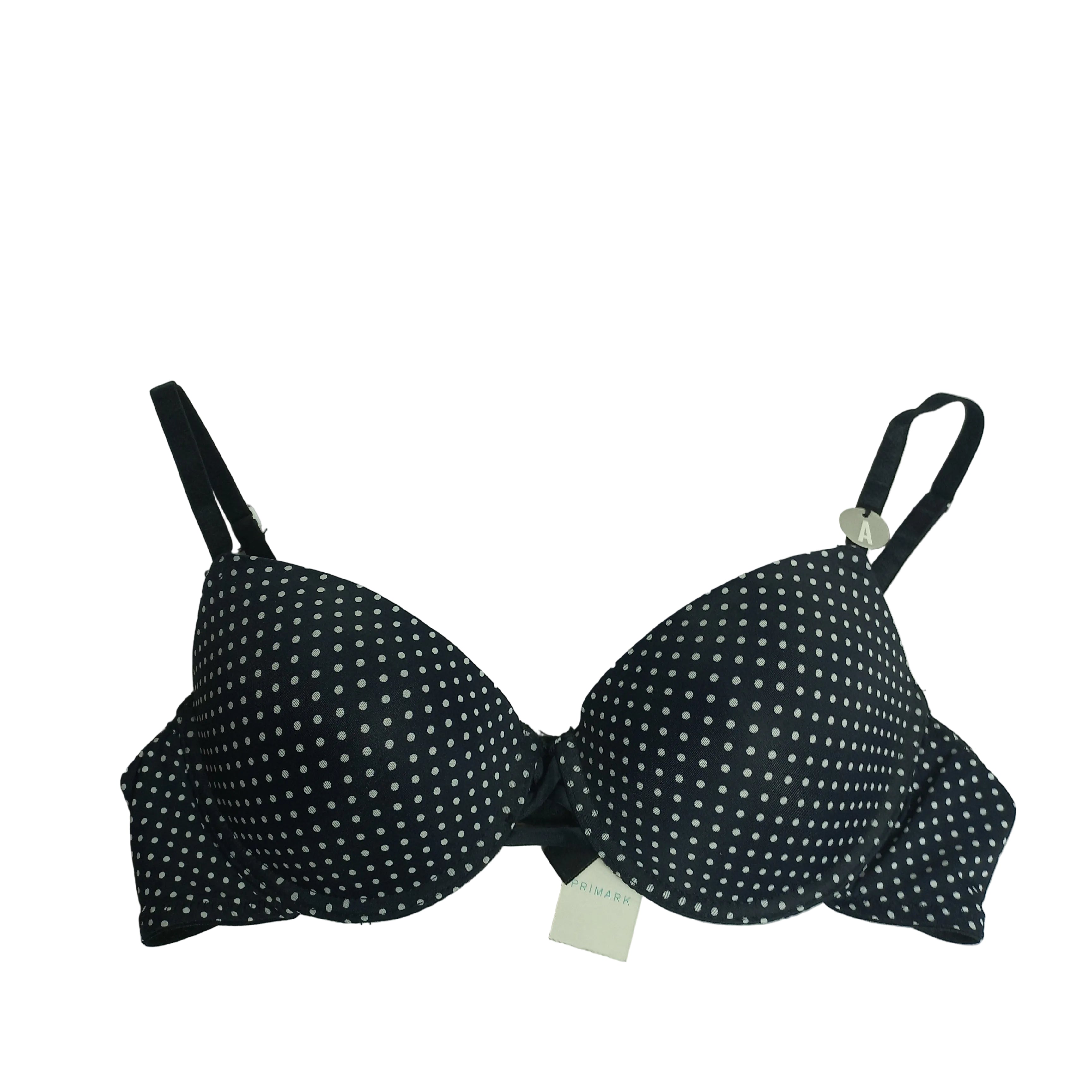 Primark black polka dot T-shirt bra shown in front view
