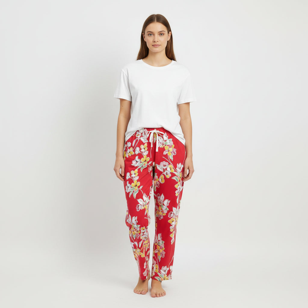 Primark floral cotton pajama set with white T-shirt front view - MissClassy
