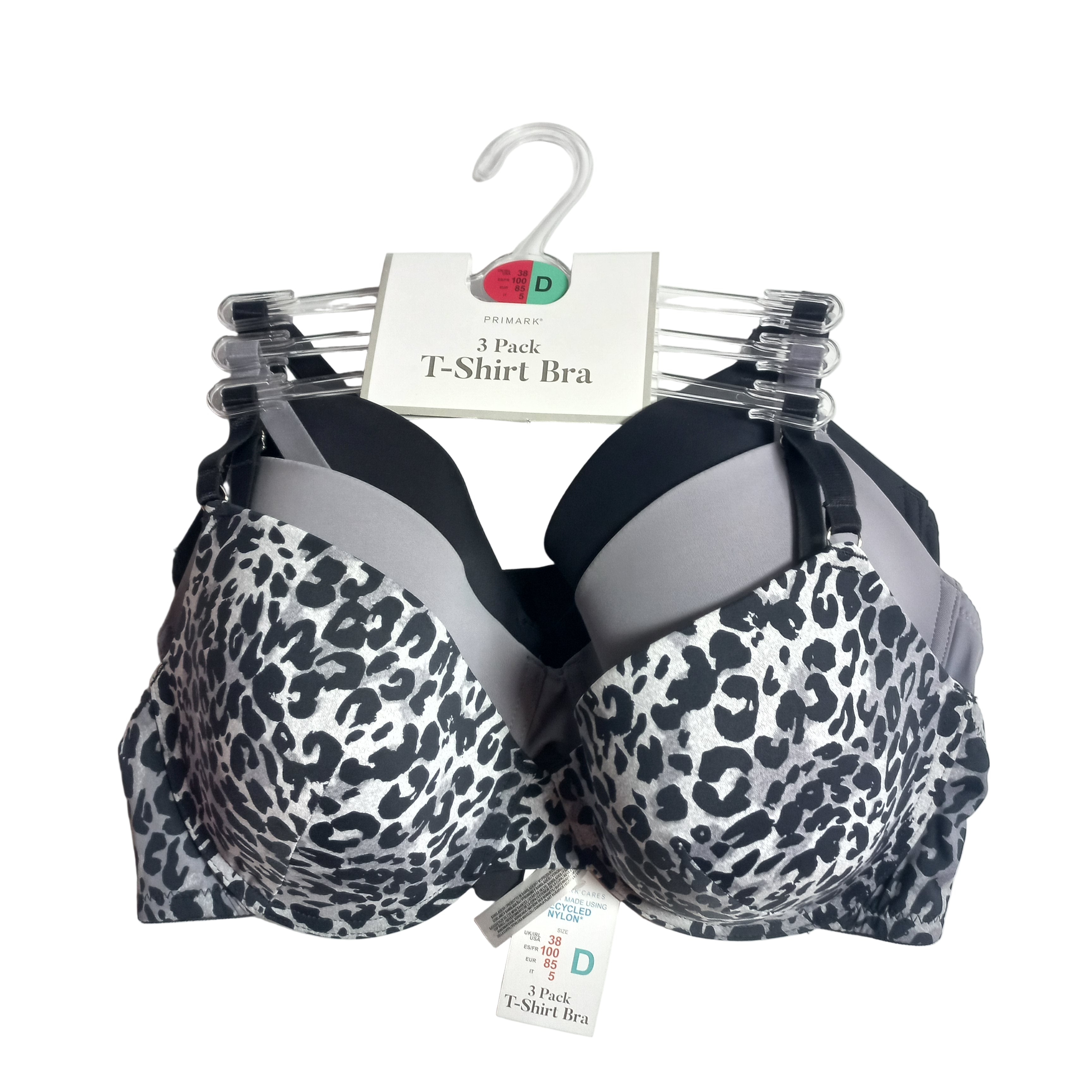 Primark pack of 3 T shirt bras in neutral colors, comfortable everyday support shown front view
