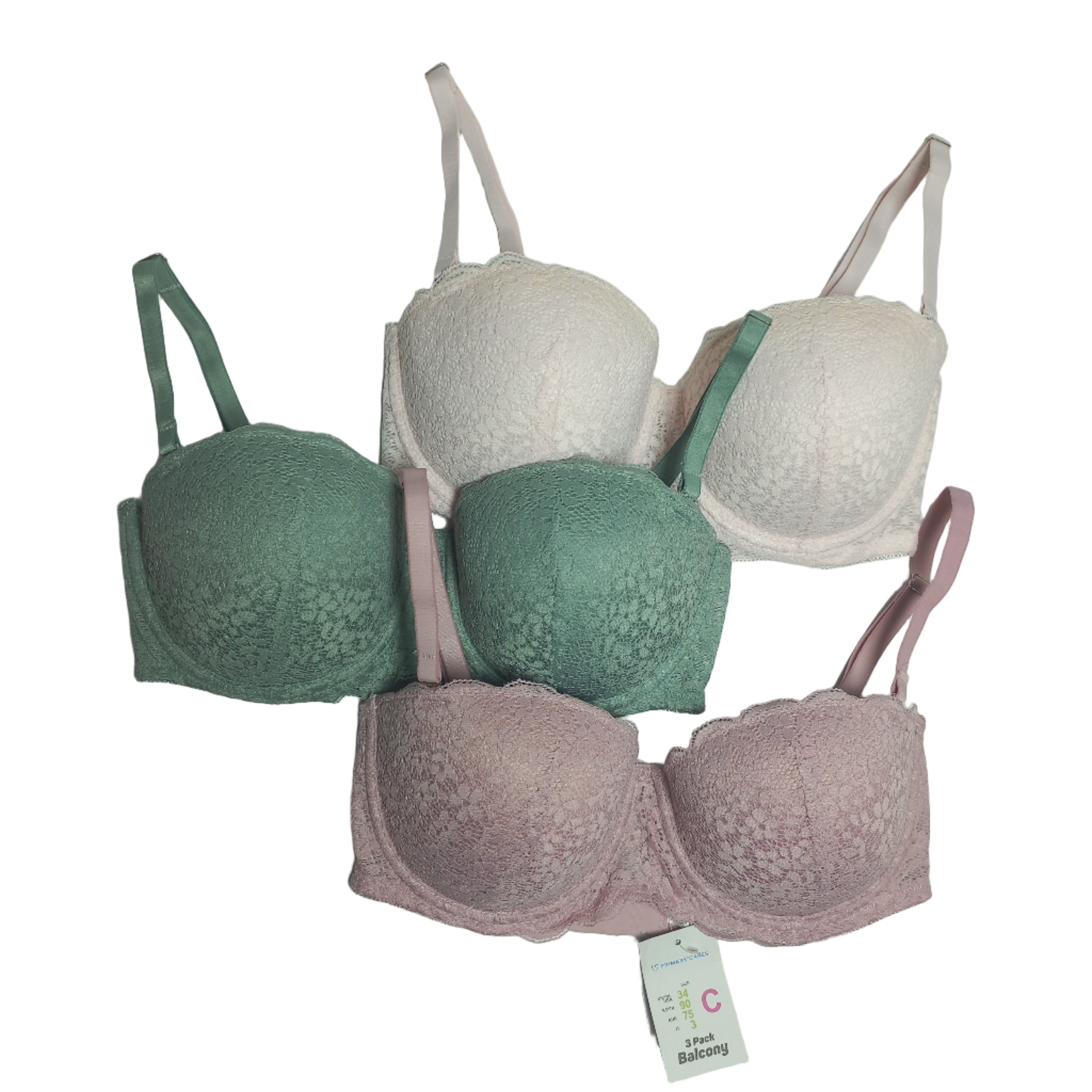 Primark pack of 3 balcony bras in floral, beige, pink, and green - MissClassy
