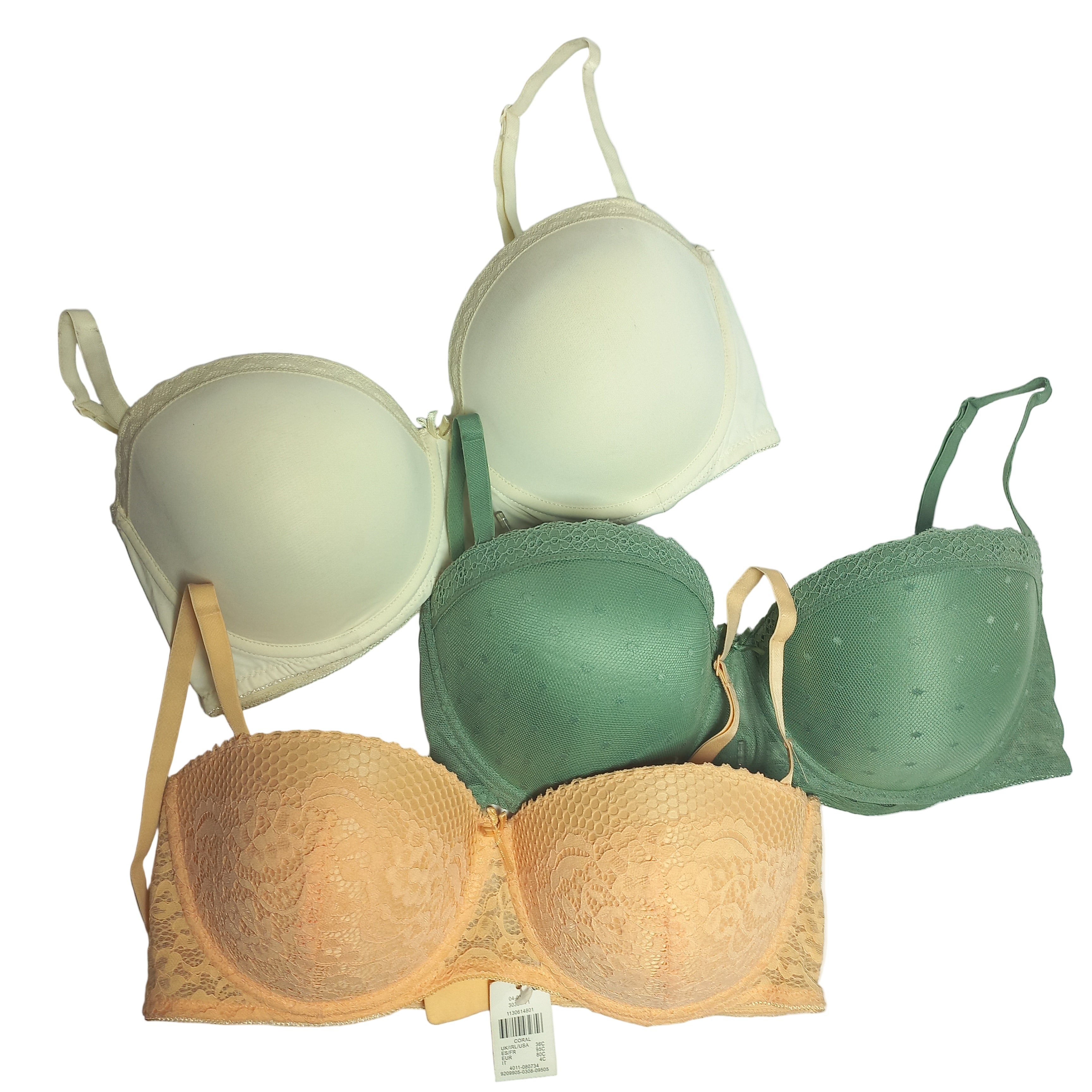 Primark pack of 3 demi balcony bras in green, white, and orange - MissClassy
