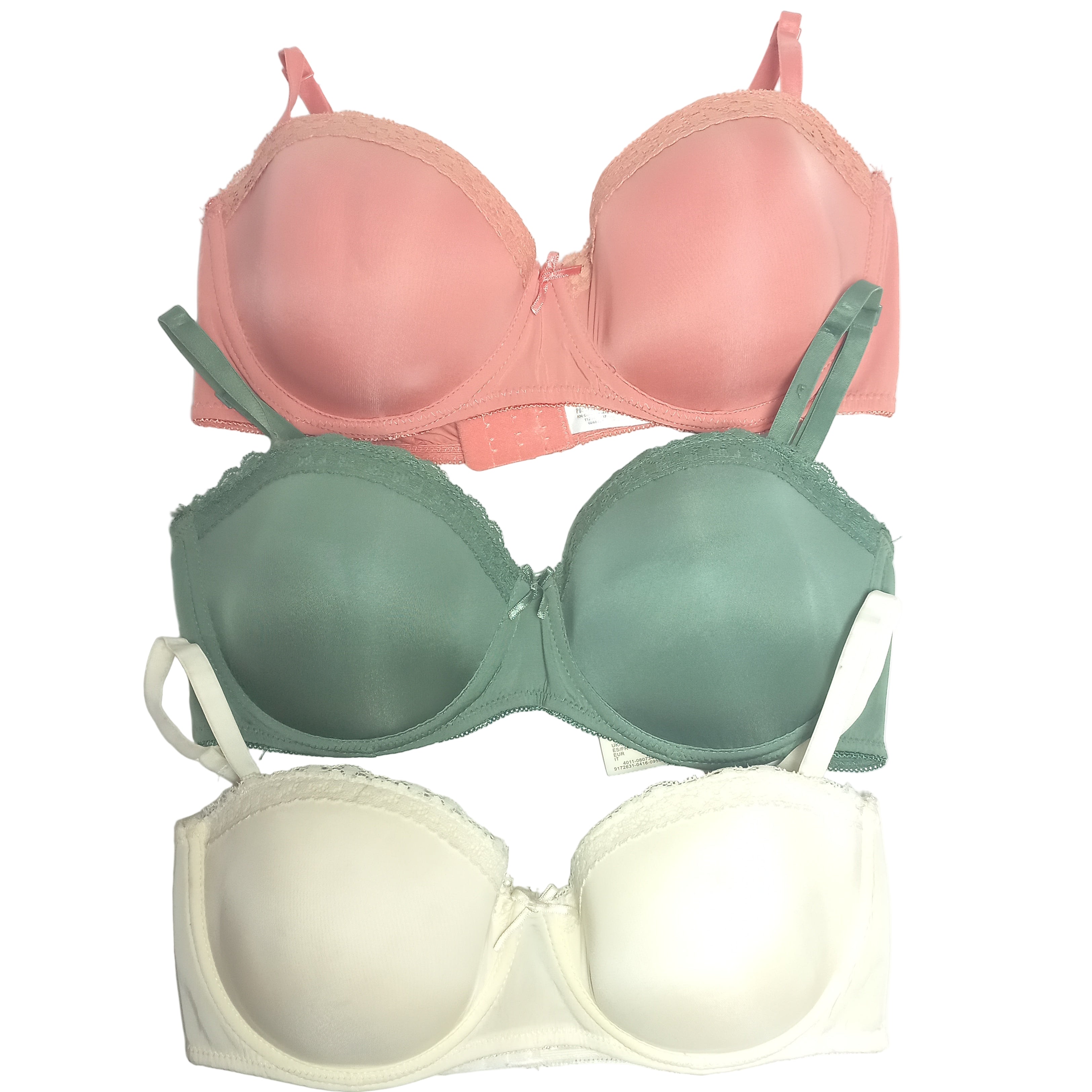 Primark pack of 3 demi balcony bras in green, white, and peach - MissClassy
