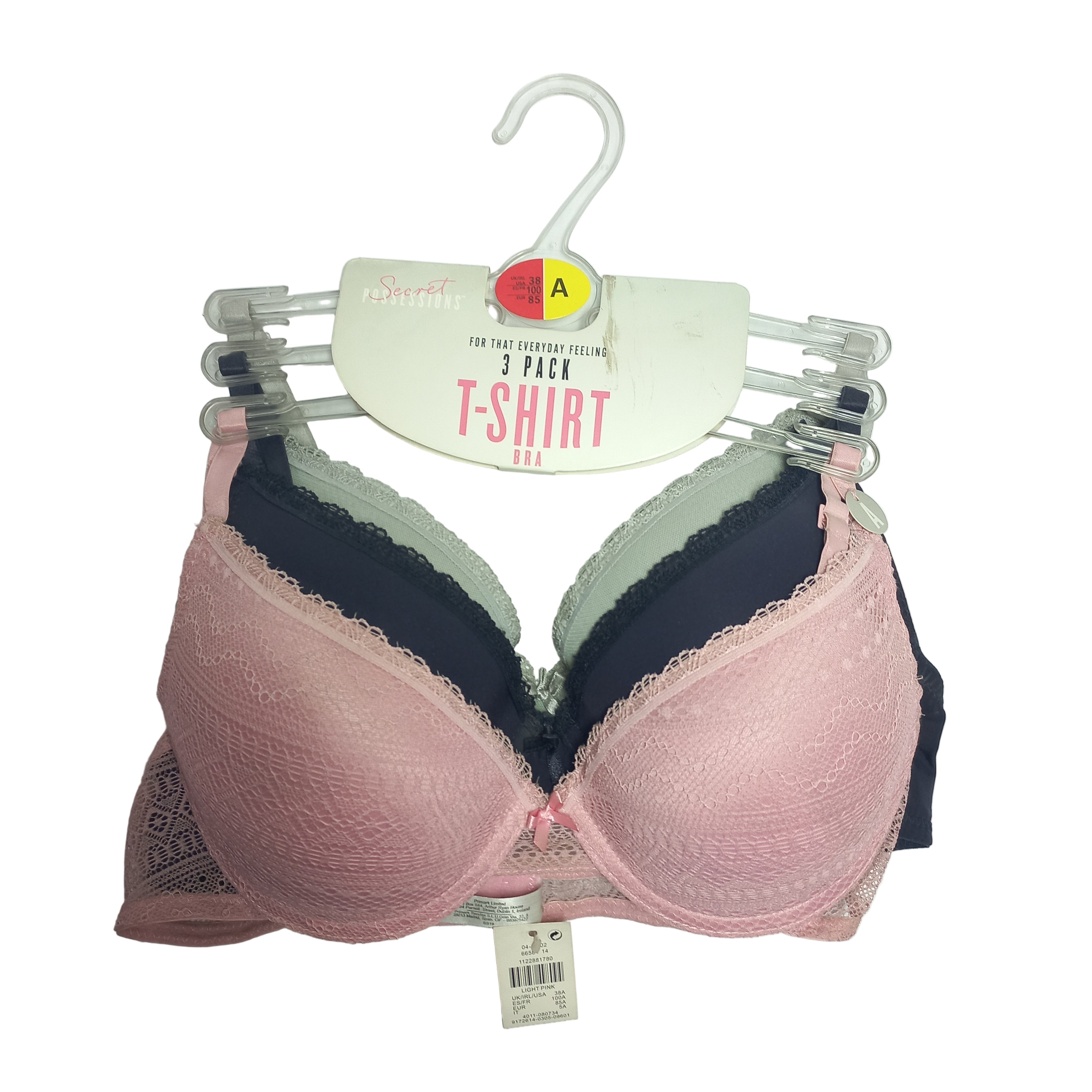 Set of Primark three bras on a hanger with visible tags against a white background
