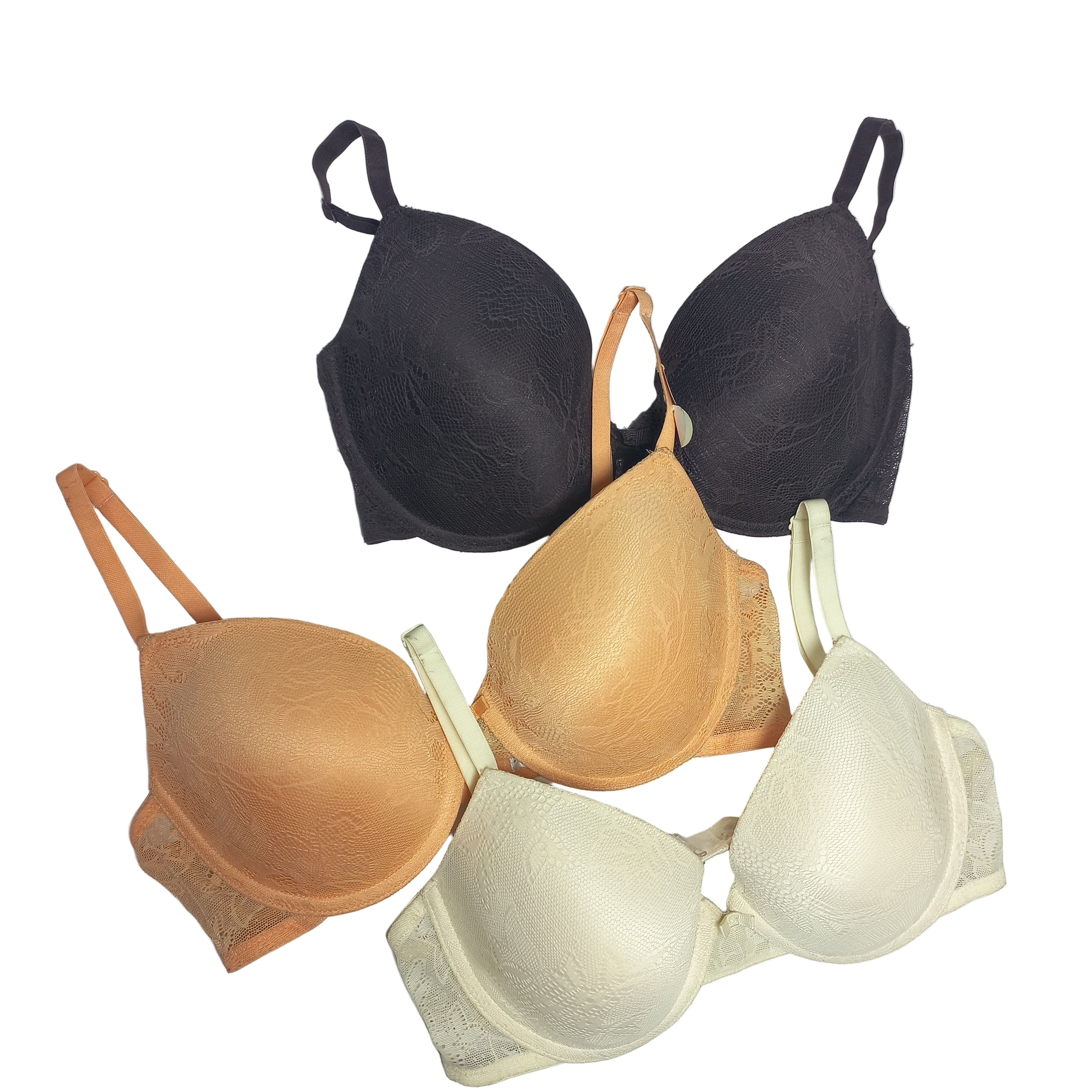 Set of black, beige, and orange T-Shirt bras on a light gray background