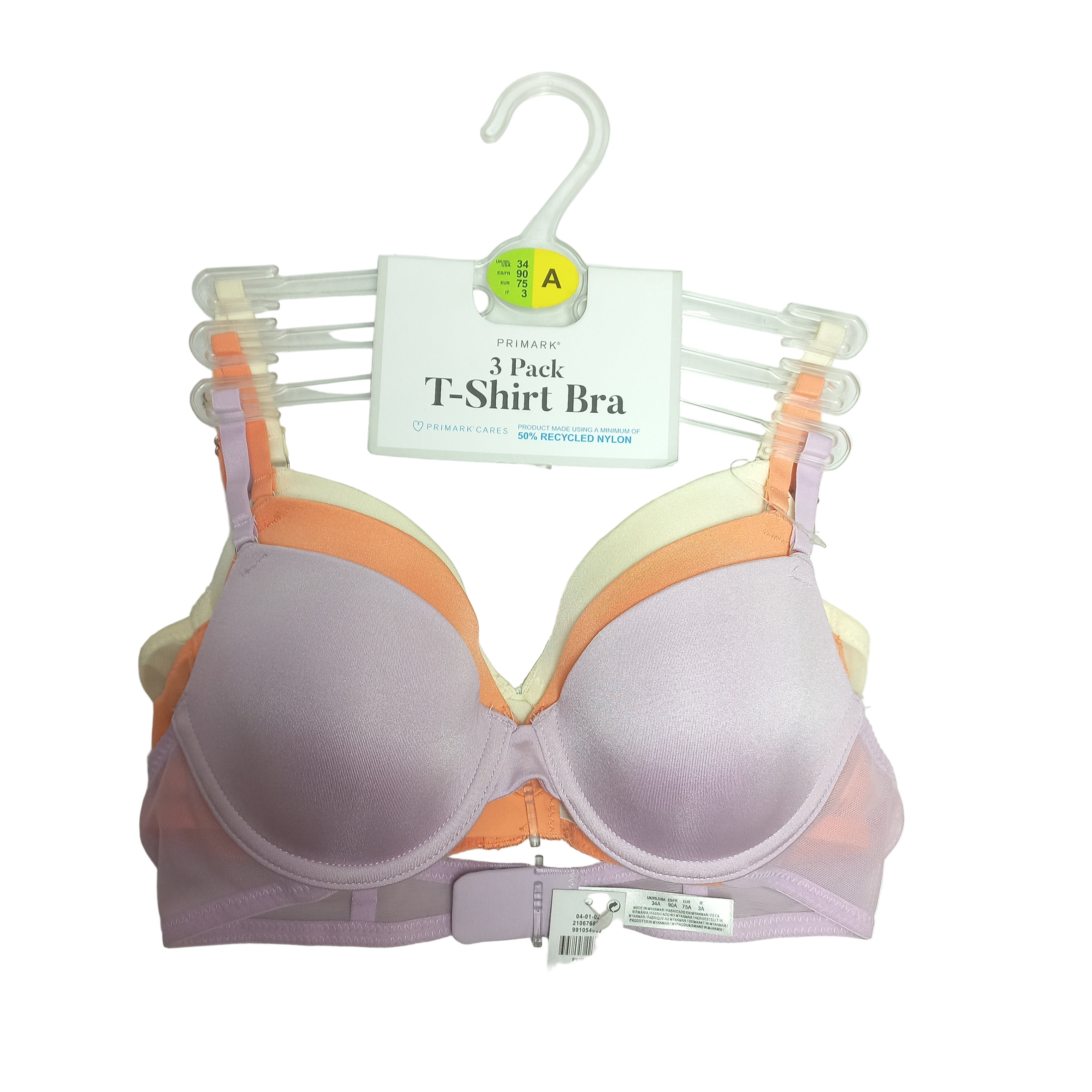 Set of three Primark T-shirt bras on a hanger with visible tags on a white background