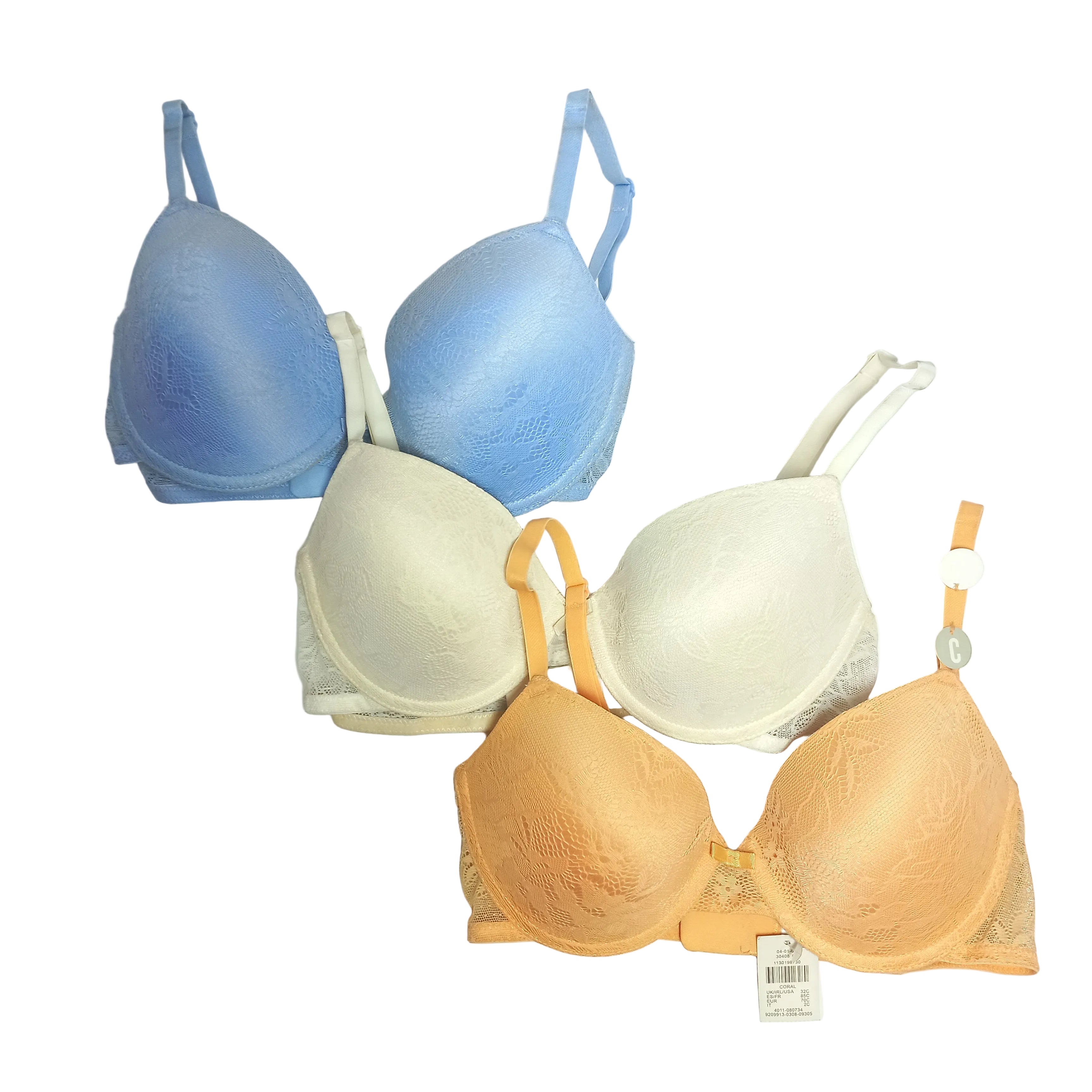 Set of three bras in blue, beige, and orange on a light gray background