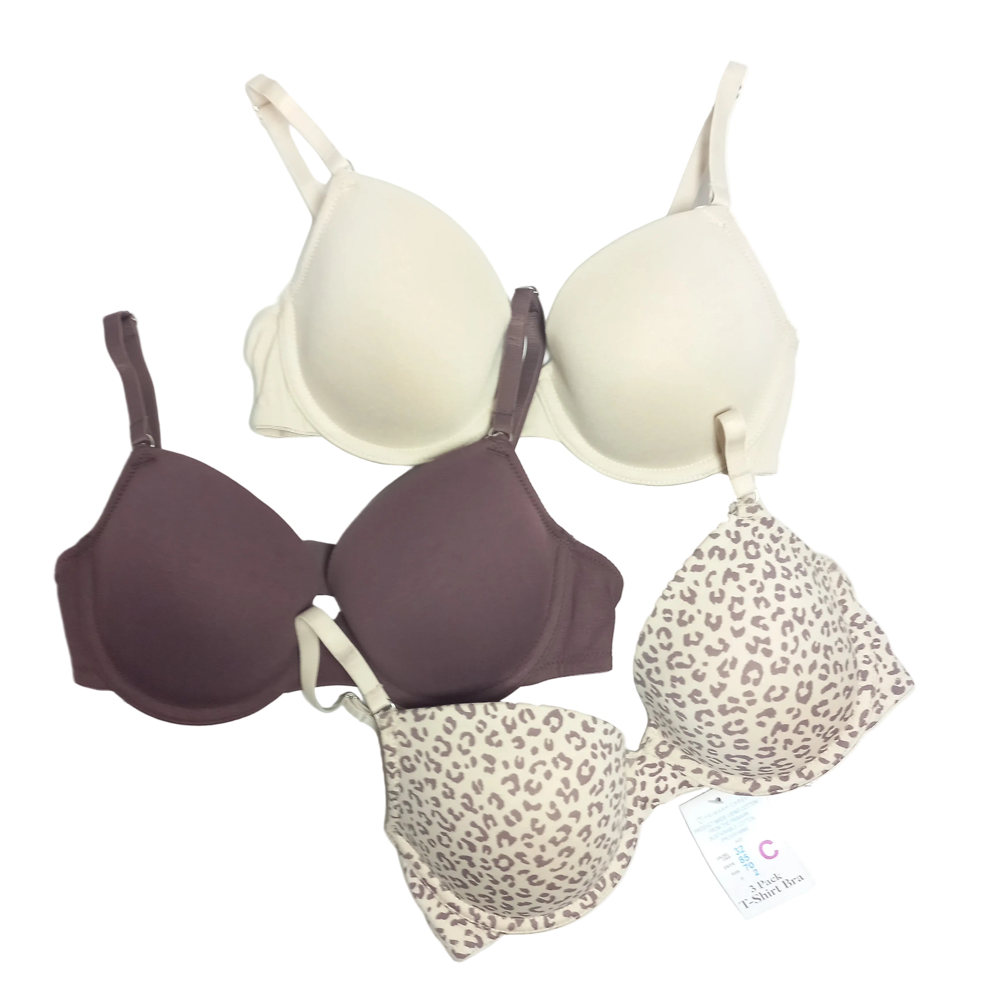 Set of three primark bras in beige, brown, and leopard print on a white background