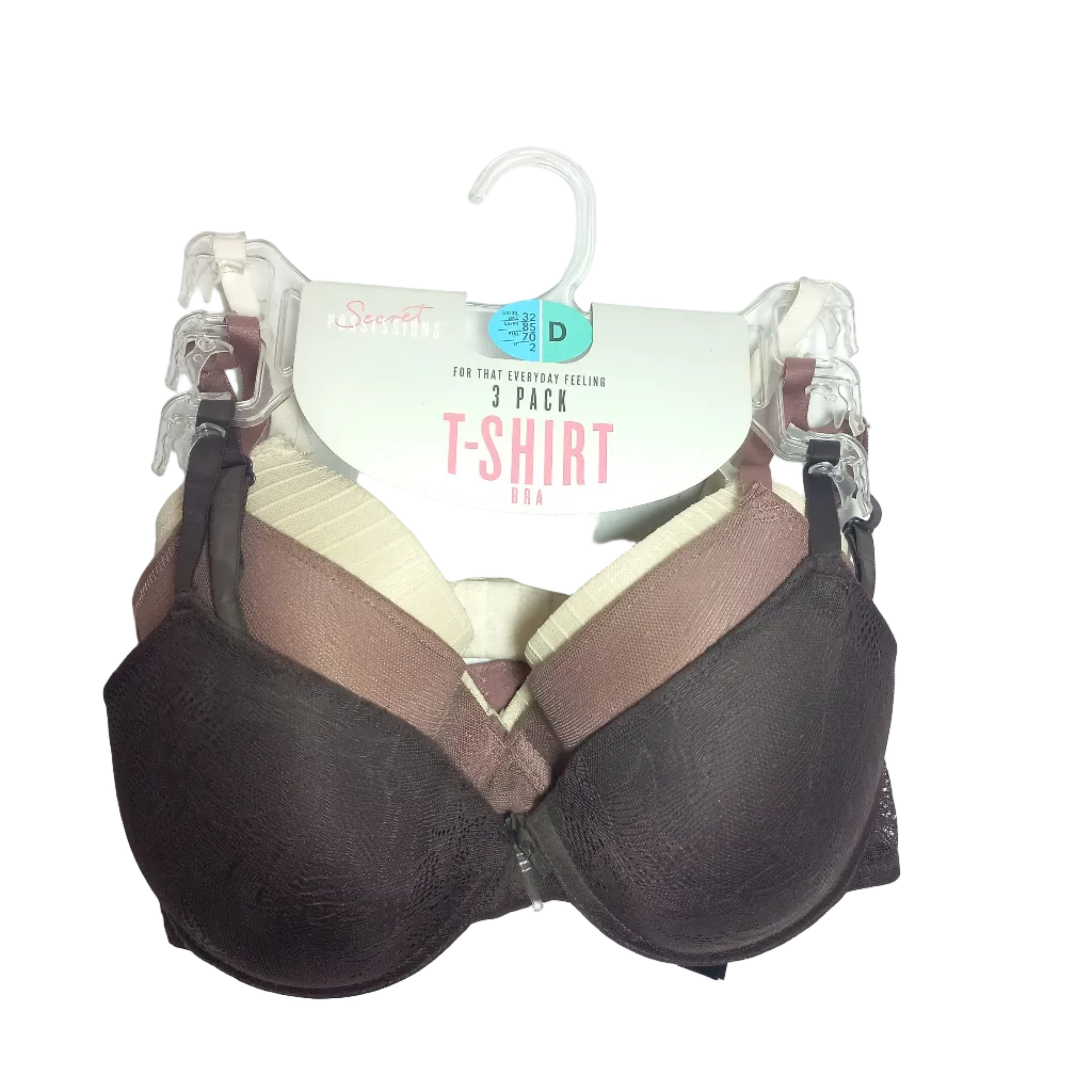 Set of women's t shirt bras in pakistan on a clear hanger with a white background
