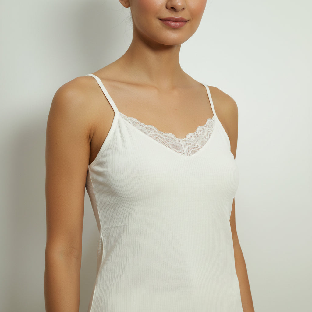 Soft white cotton camisole worn by model - MissClassy
