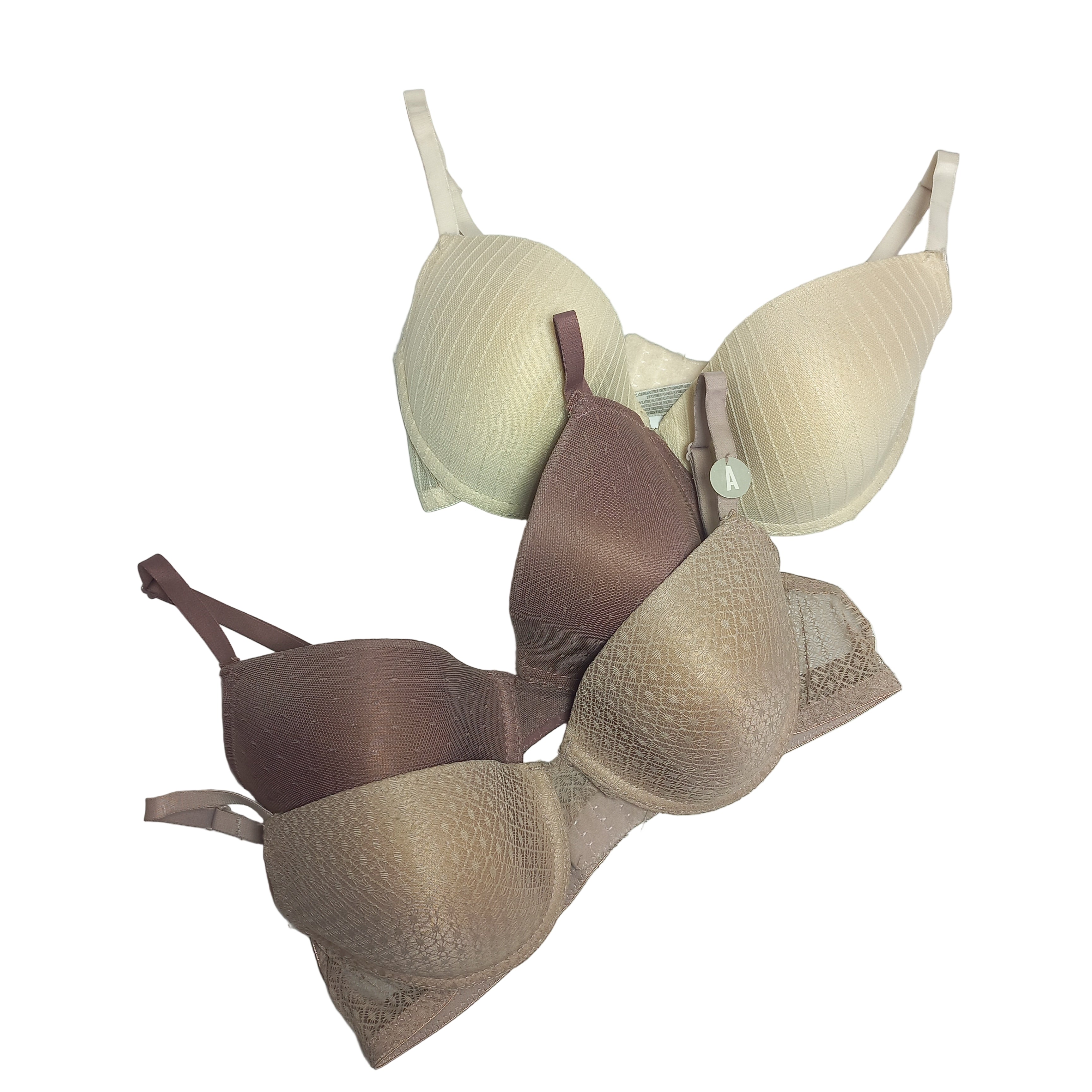 Three Primark bras, one beige and one dark brown, one light brown on a light gray background