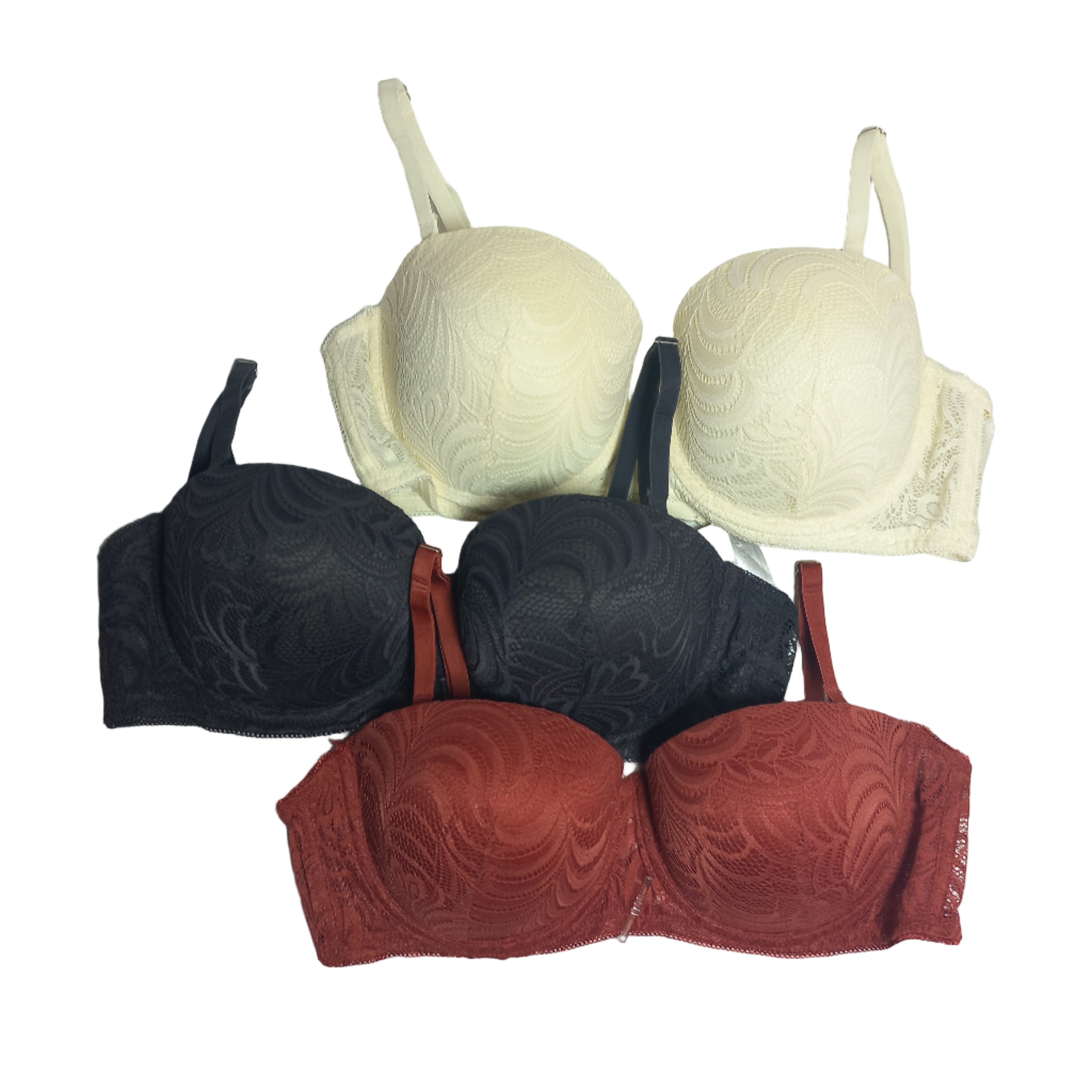 Four bras in beige, black, and red on a light gray background