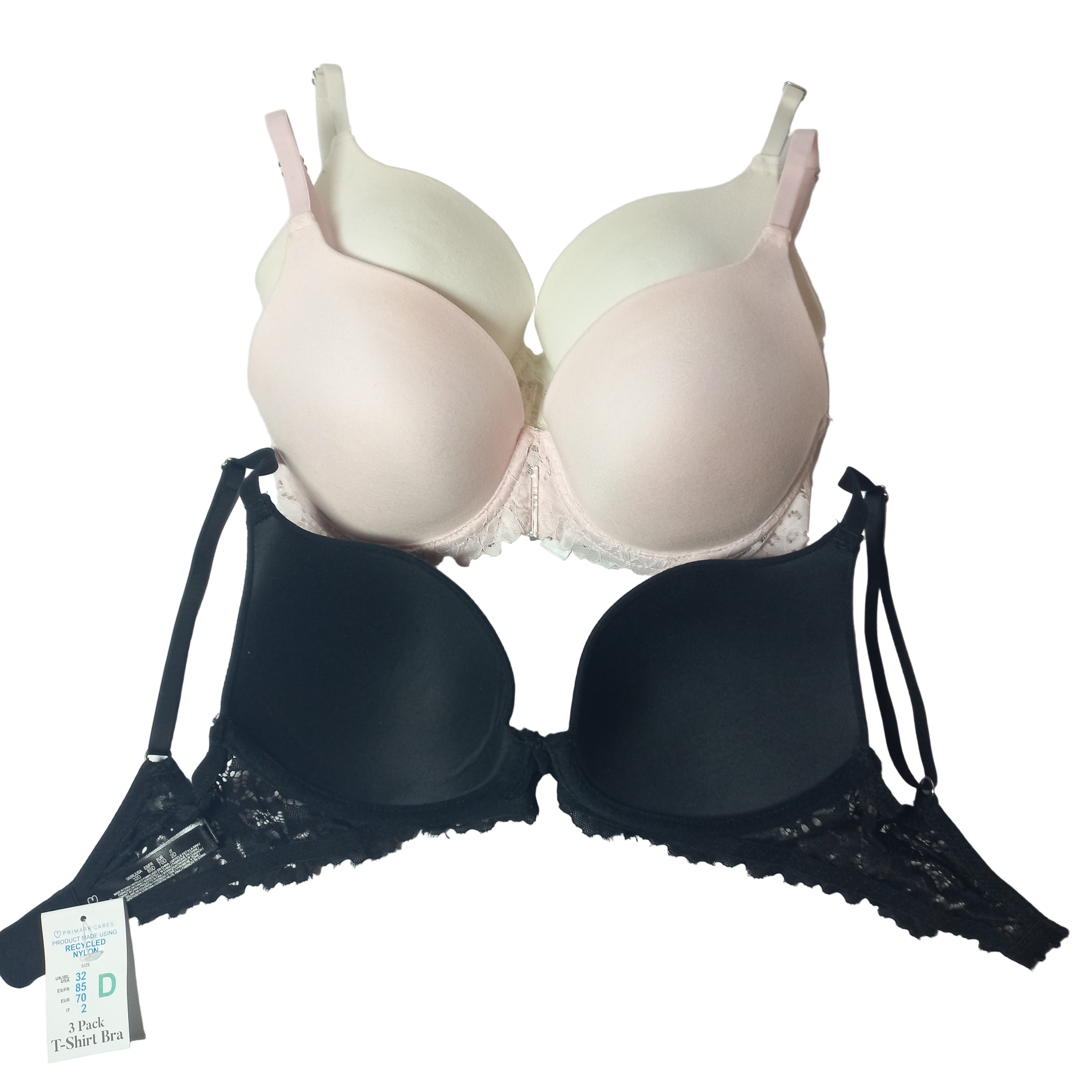 pack of 3 bras, one black and one beige, on a white background.