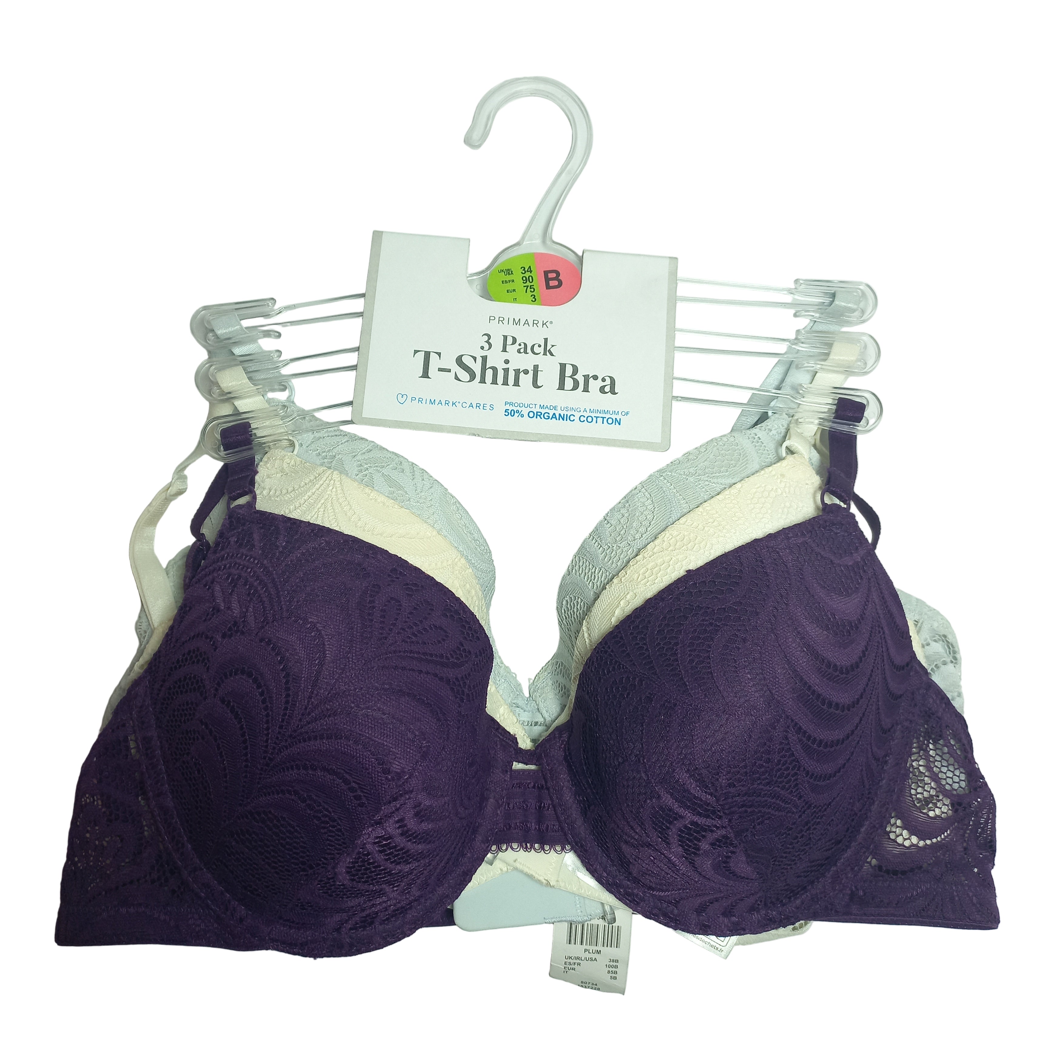 primark 3 t-shirt bra on a hanger with packaging on a white background