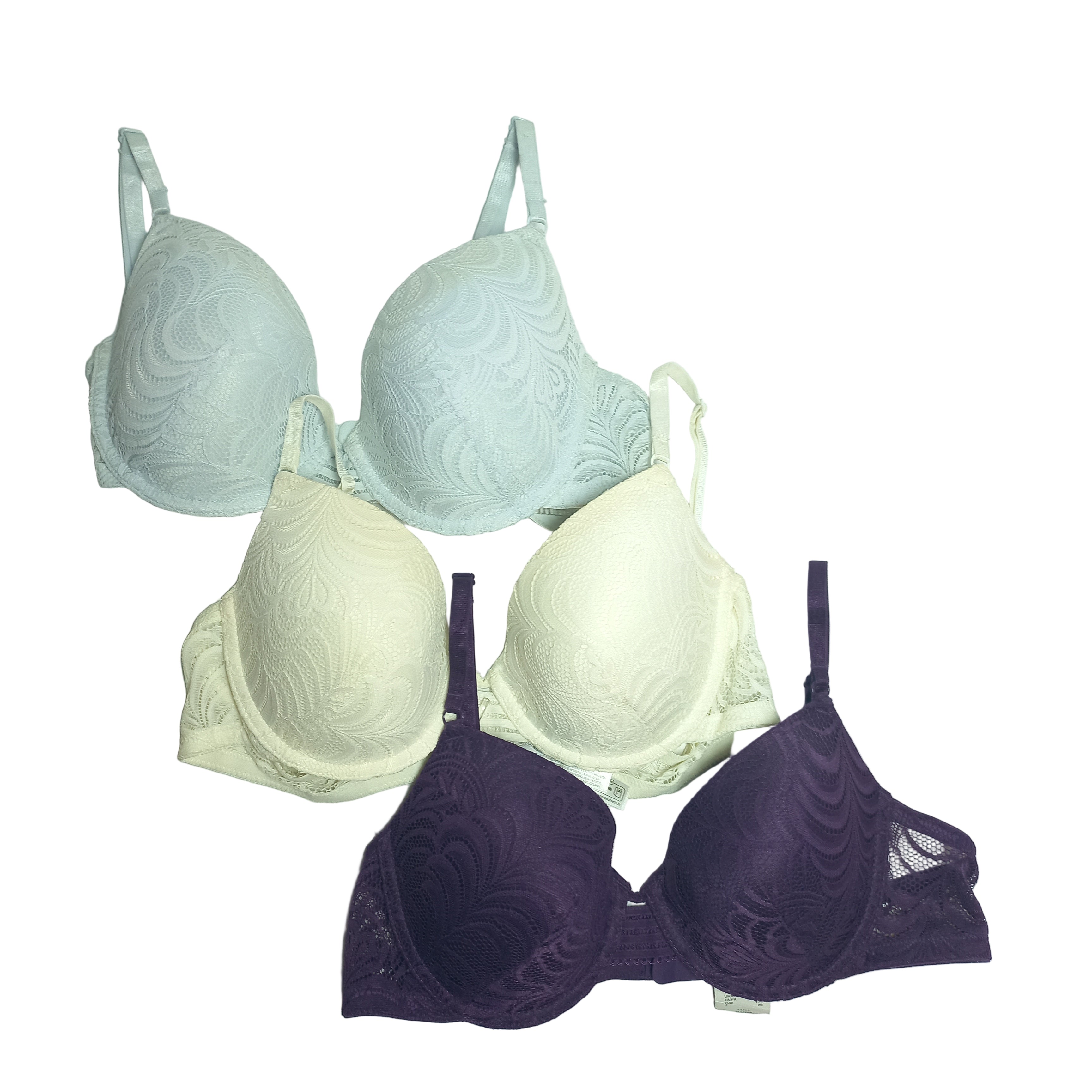 primark Set of women's bras in purple and white on a light gray background